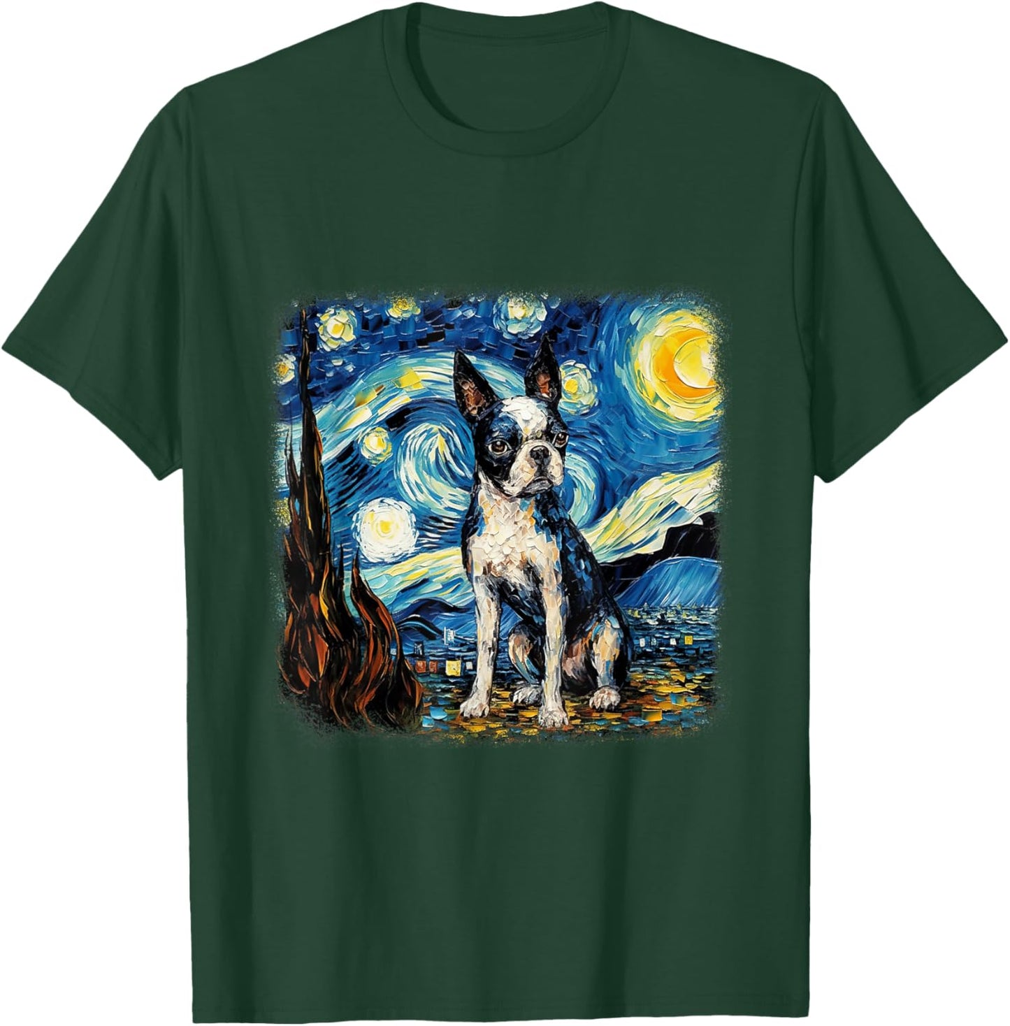 Van gogh Boston Terrier in starry night T-Shirt - T-Shirt | Forest