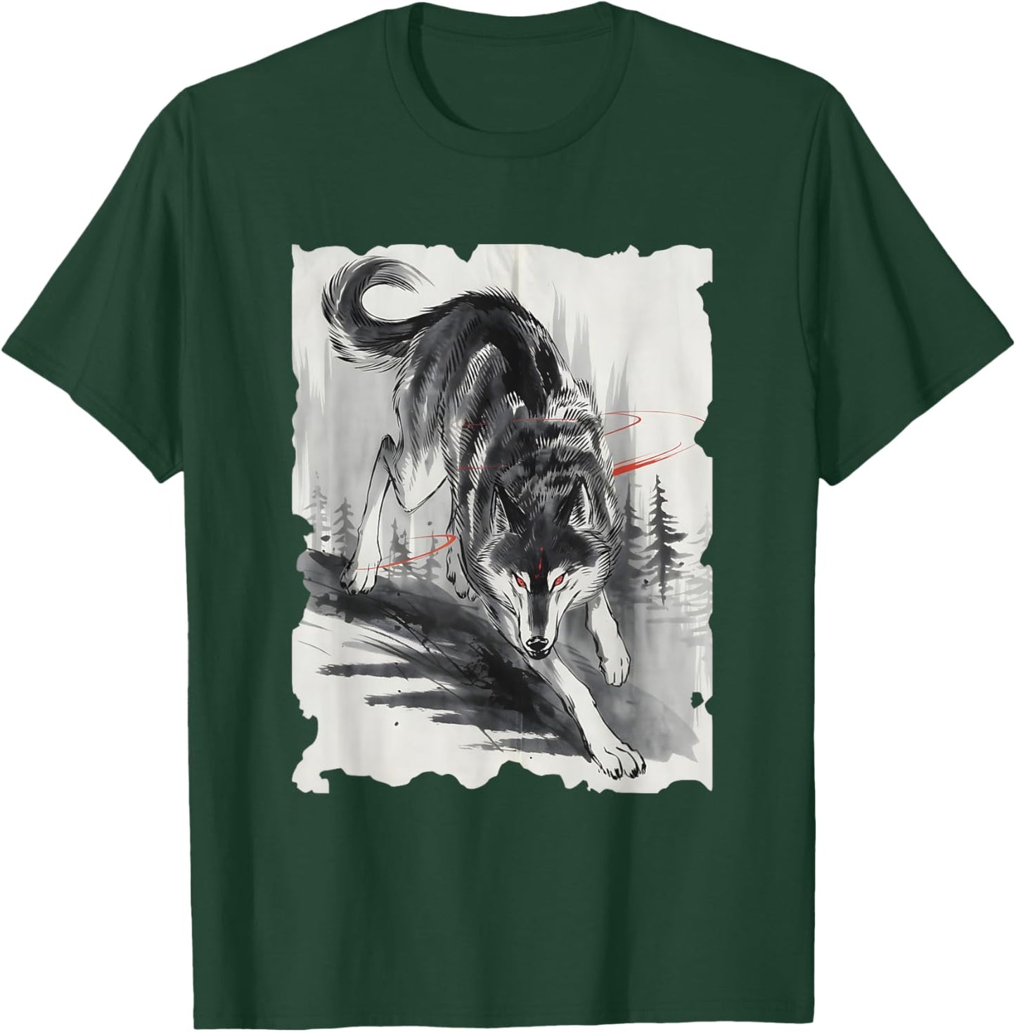 Wolf Sumi-e Graphic - Vintage Japanese Art Wolf Lover T-Shirt - T-Shirt | Forest