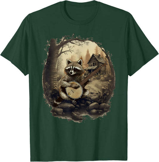 Cottagecore Aesthetic Raccoon Playing Banjo Vintage Country T-Shirt - T-Shirt | Forest