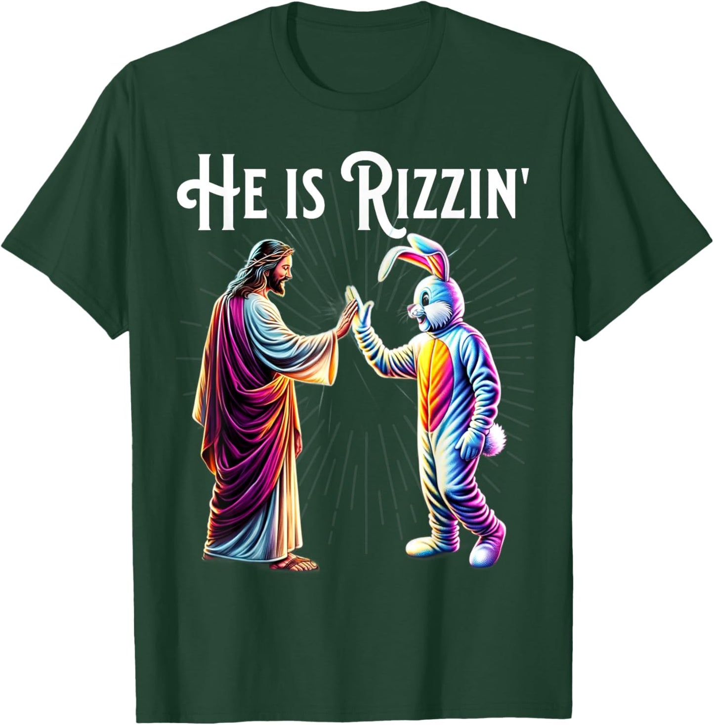 Funny Rizz He is Rizzin Jesus High Five Easter Bunny T-Shirt - T-Shirt | Forest