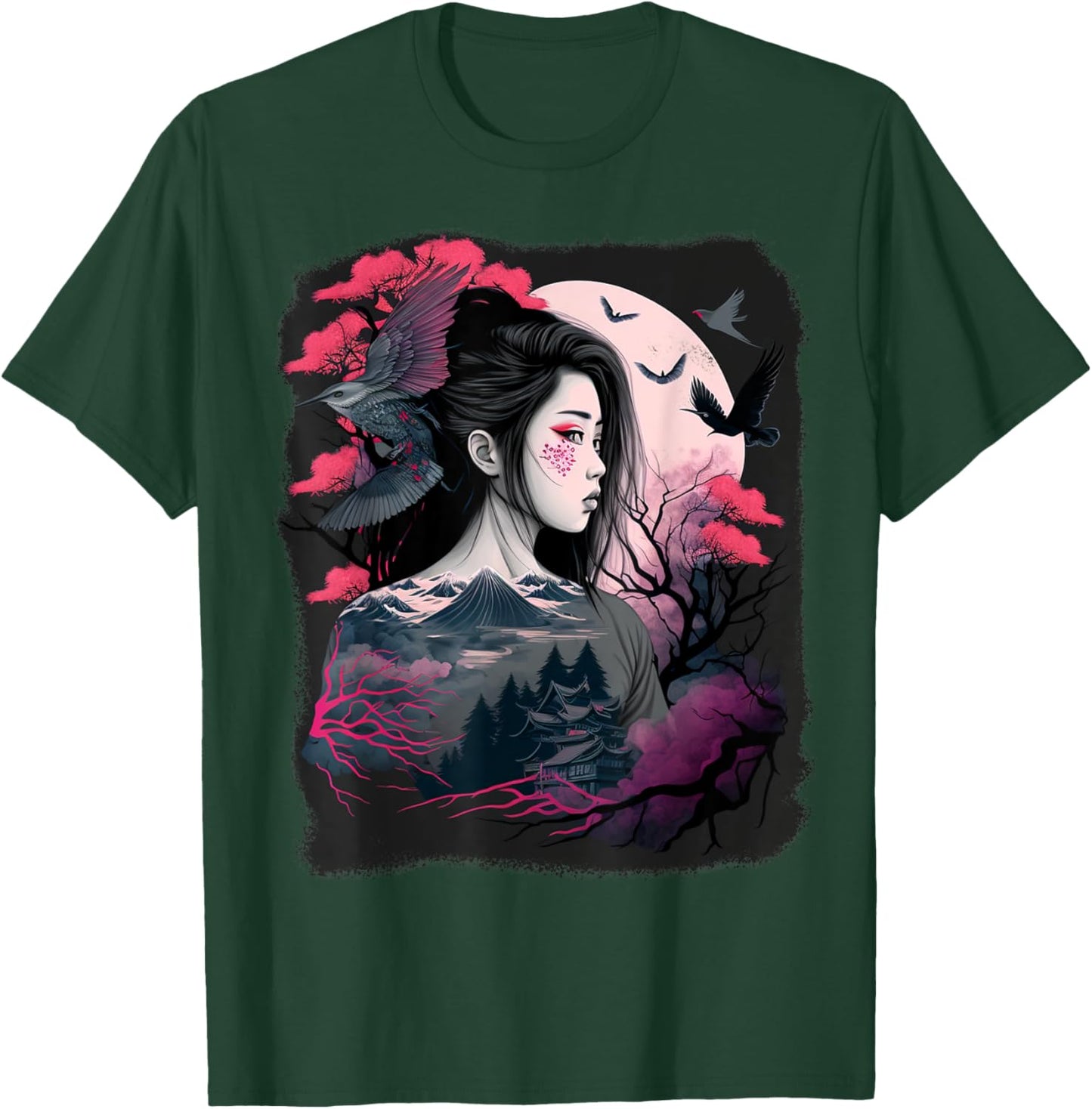 Japanese Samurai Girl Sakura Cherry Blossom Aesthetic Moon T-Shirt - T-Shirt | Forest