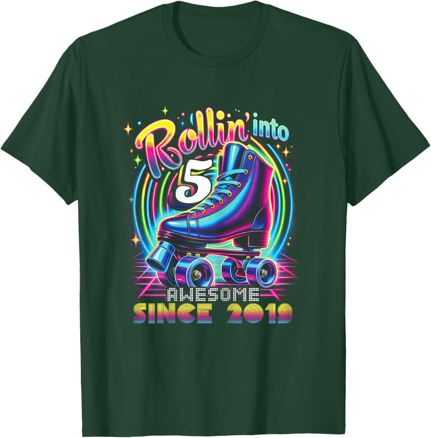 Roller Skate 5th Birthday Skating Girls Rollin 5 2019 T-Shirt - T-Shirt | Forest
