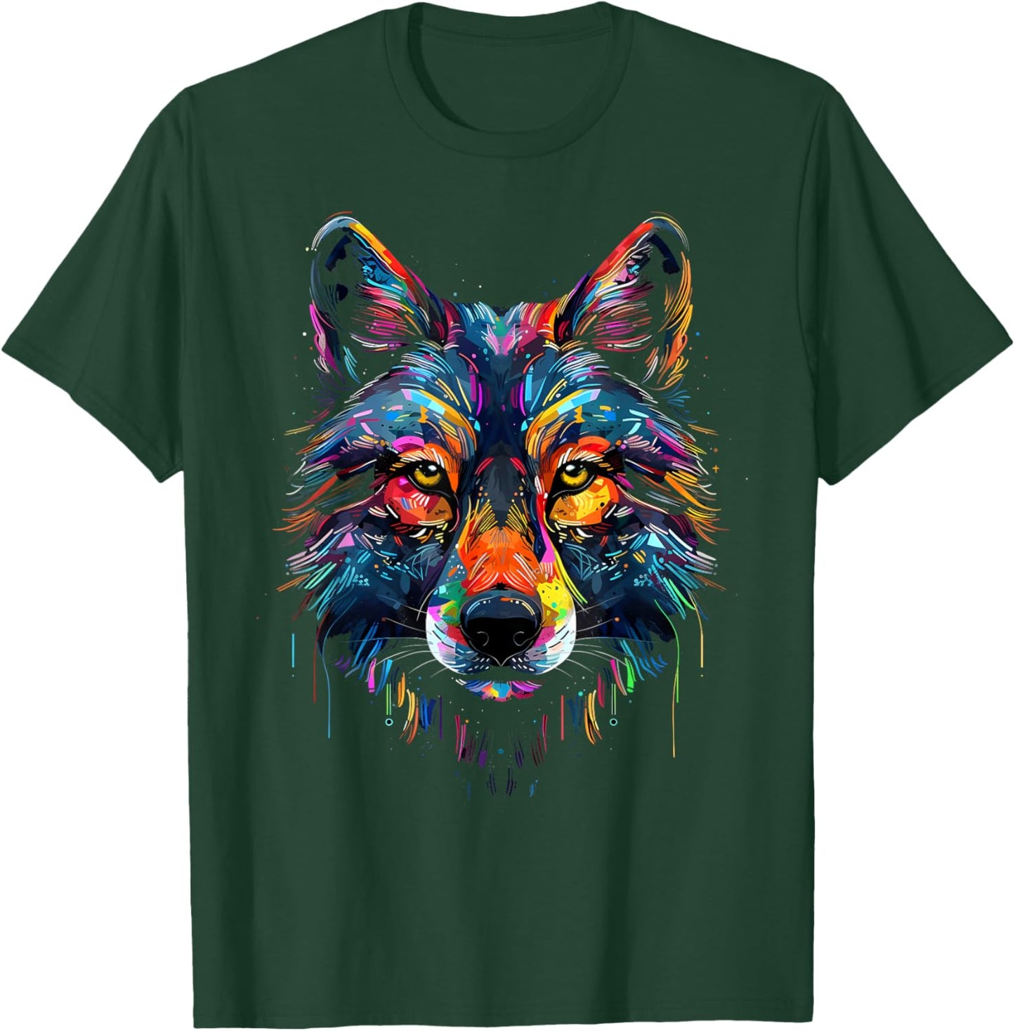 Wolf Face Colorful Majestic Wild Wolves Art Black T-Shirt - T-Shirt | Forest