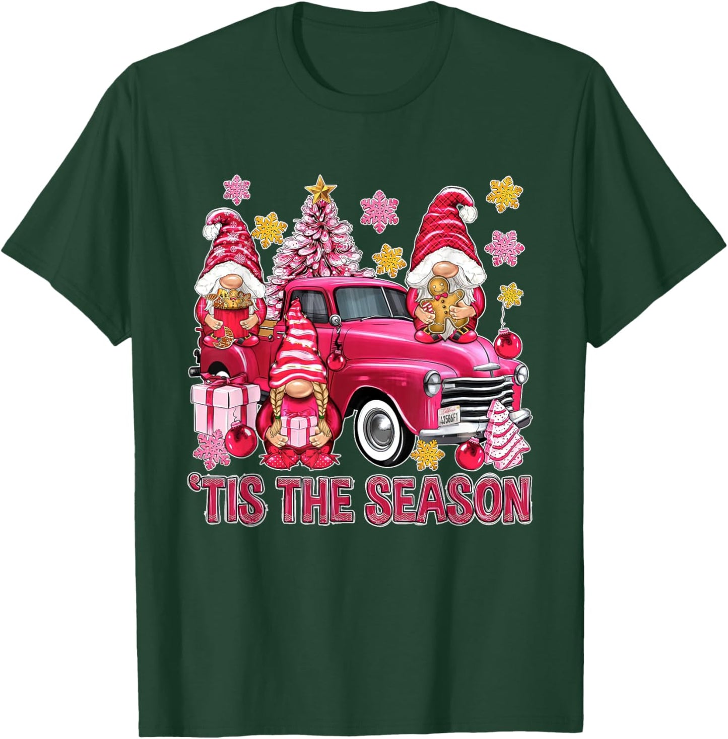 Tis The Season Pink Christmas Gnomes Pink Truck Xmas Holiday T-Shirt - T-Shirt | Forest