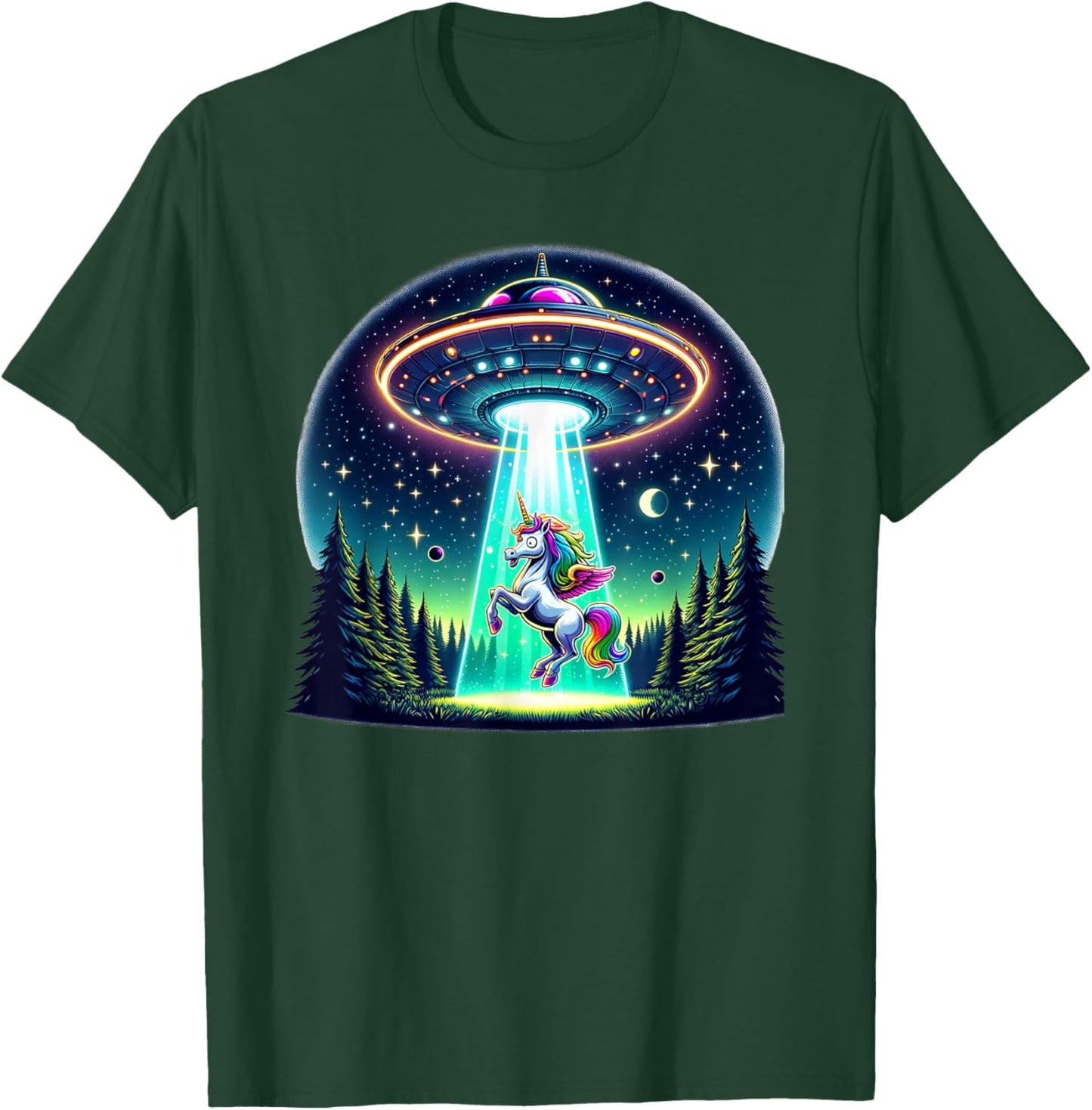 Rainbow Unicorn Abduction Alien Invasion Funny UFO Spaceship T-Shirt - T-Shirt | Forest