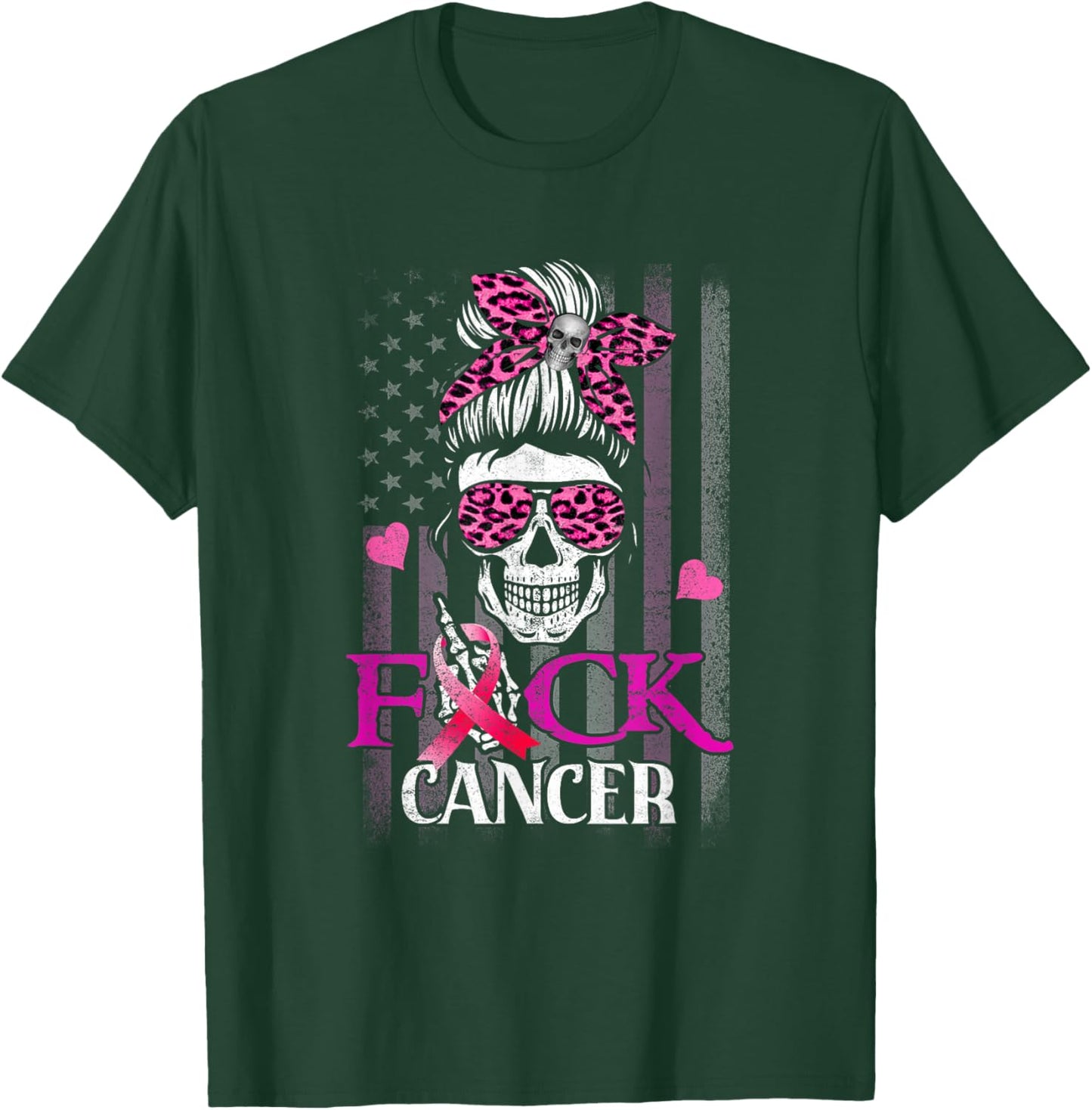 Messy Bun Skull Breast Cancer Awareness Fuck-Cancer USA Flag T-Shirt - T-Shirt | Forest