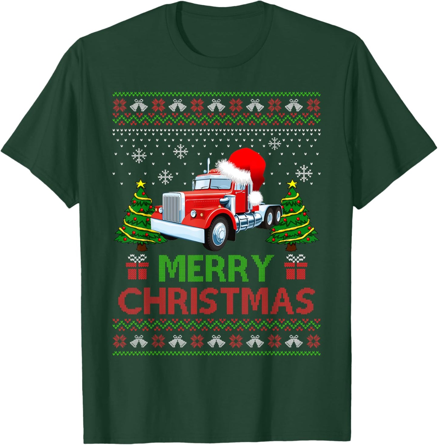 Merry Christmas Red Semi Truck Santa Hat Ugly Xmas Men Boys T-Shirt - T-Shirt | Forest