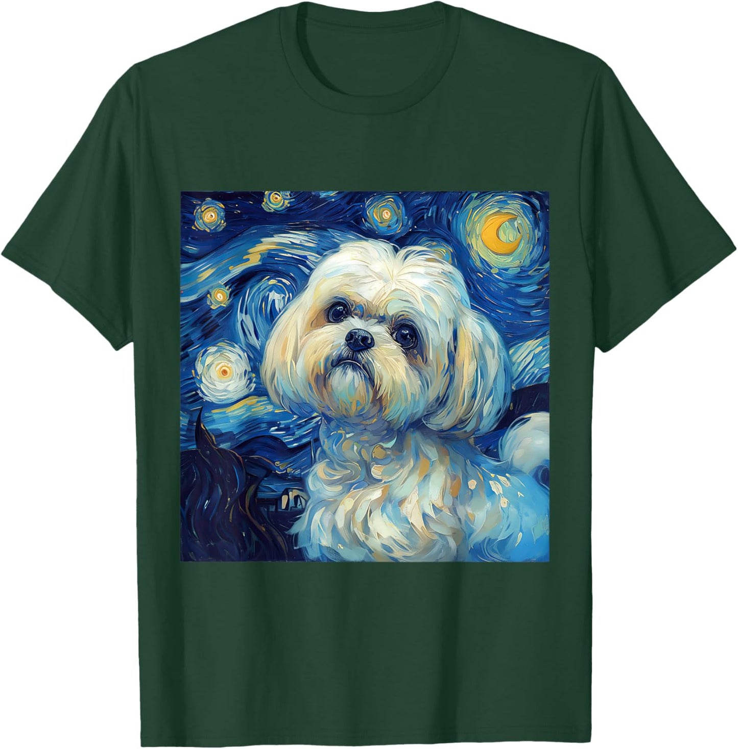 Maltese Dog Starry Night Vincent Van Gogh Painting T-Shirt - T-Shirt | Forest