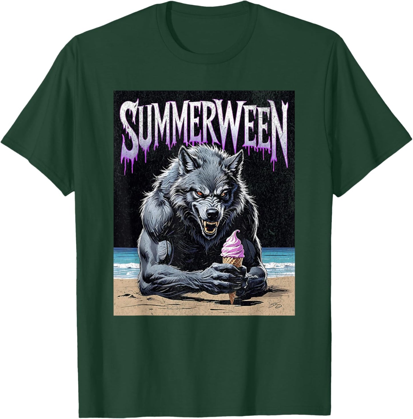 Summerween Werewolf Ice Cream Gothic Halloween Beach T-Shirt - T-Shirt | Forest