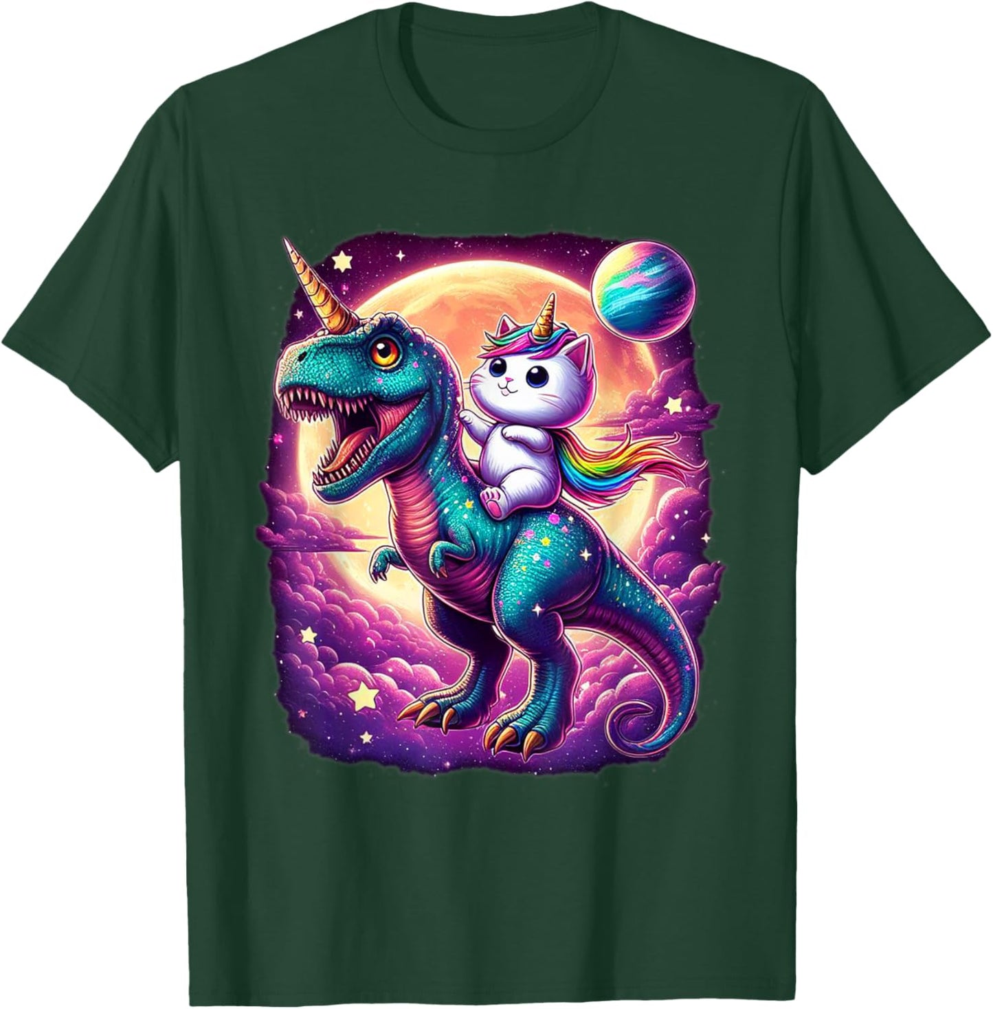Cat Unicorn Riding Dinosaur T rex Kitten Lover Space Galaxy T-Shirt - T-Shirt | Forest