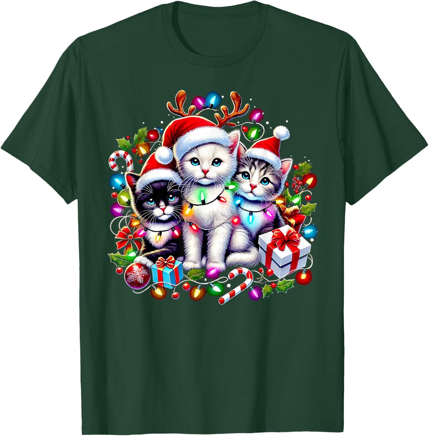 Cute Kittens Christmas Cheer Santa Hats Lights Cats Kittys T-Shirt - T-Shirt | Forest