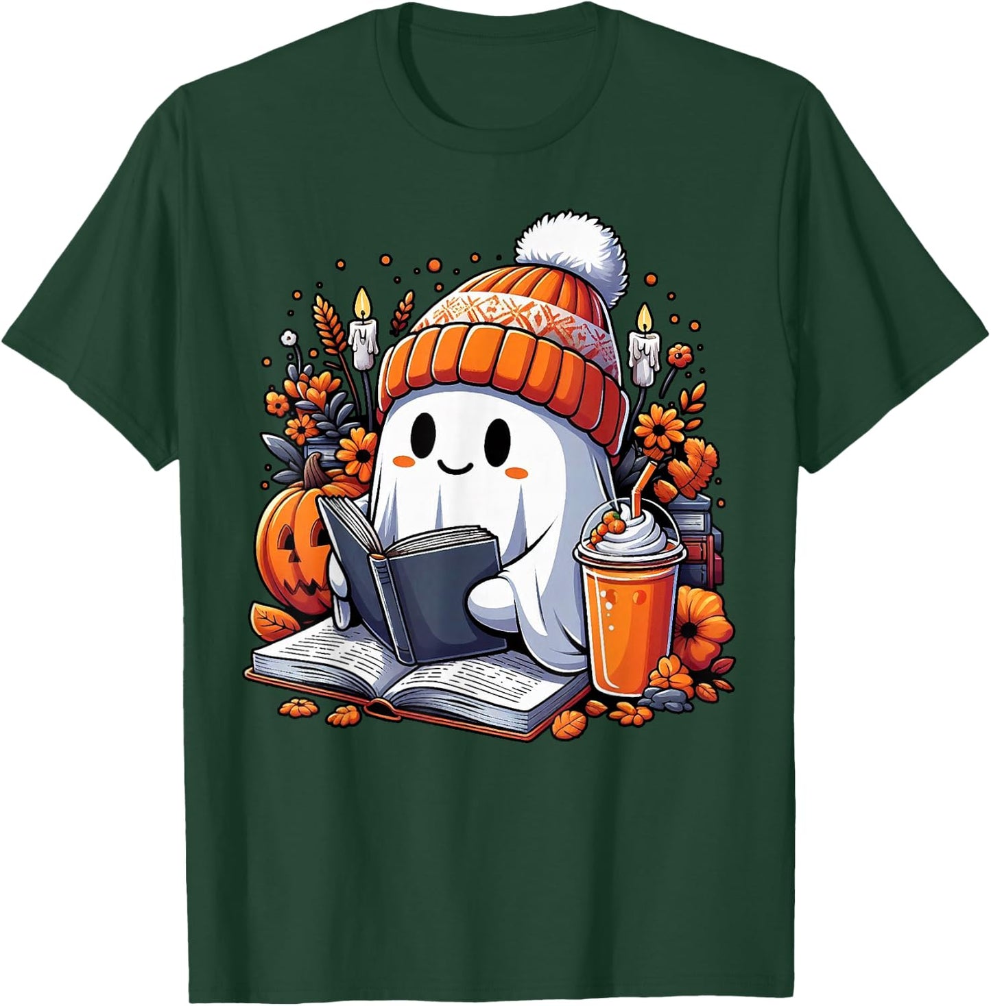 Ghost Drinking Coffee Book Reading Halloween Pumpkin Flower T-Shirt - T-Shirt | Forest
