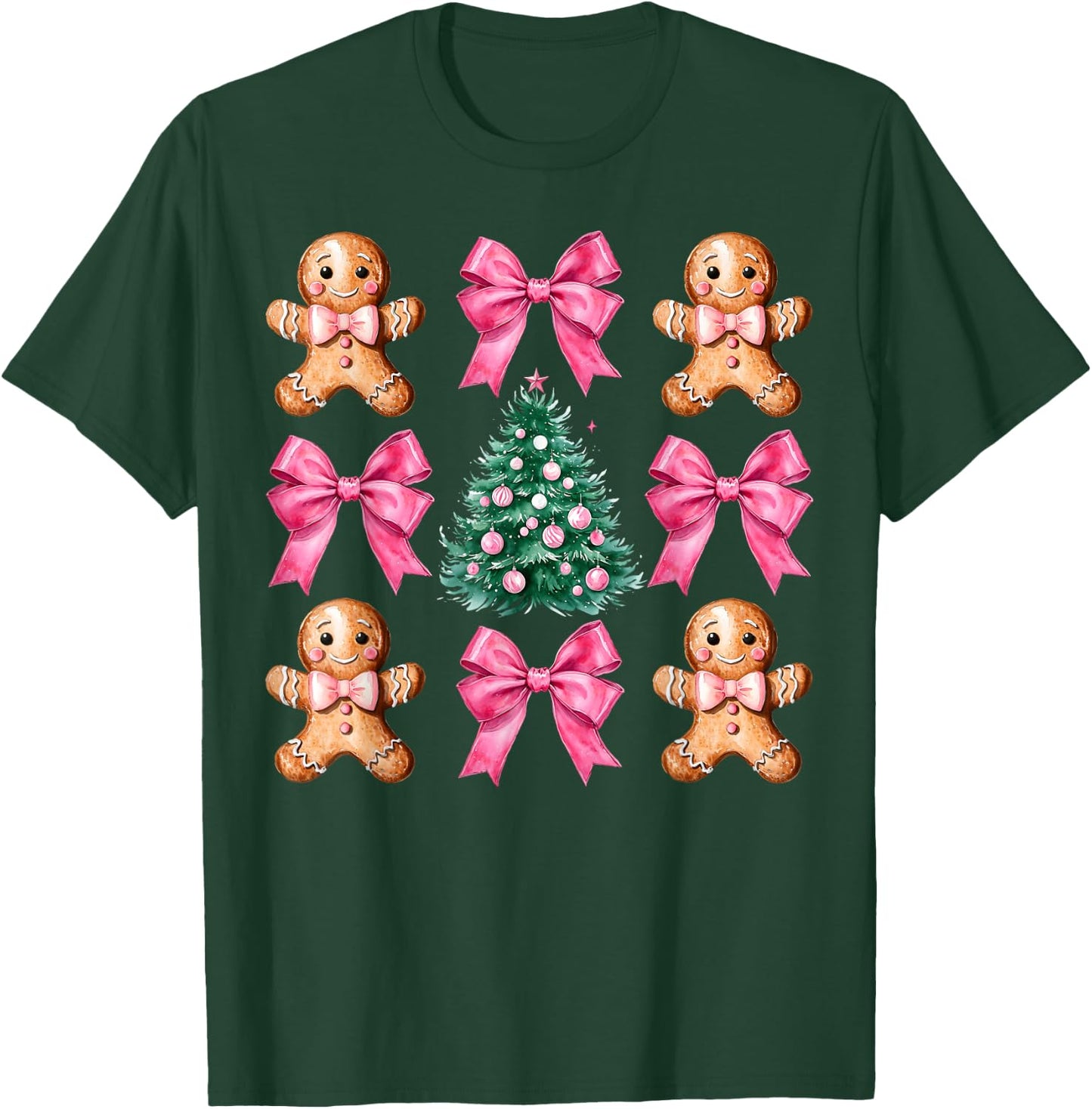 Cute Coquette Pink Bow Xmas Gingerbread Man Christmas Tree T-Shirt - T-Shirt | Forest