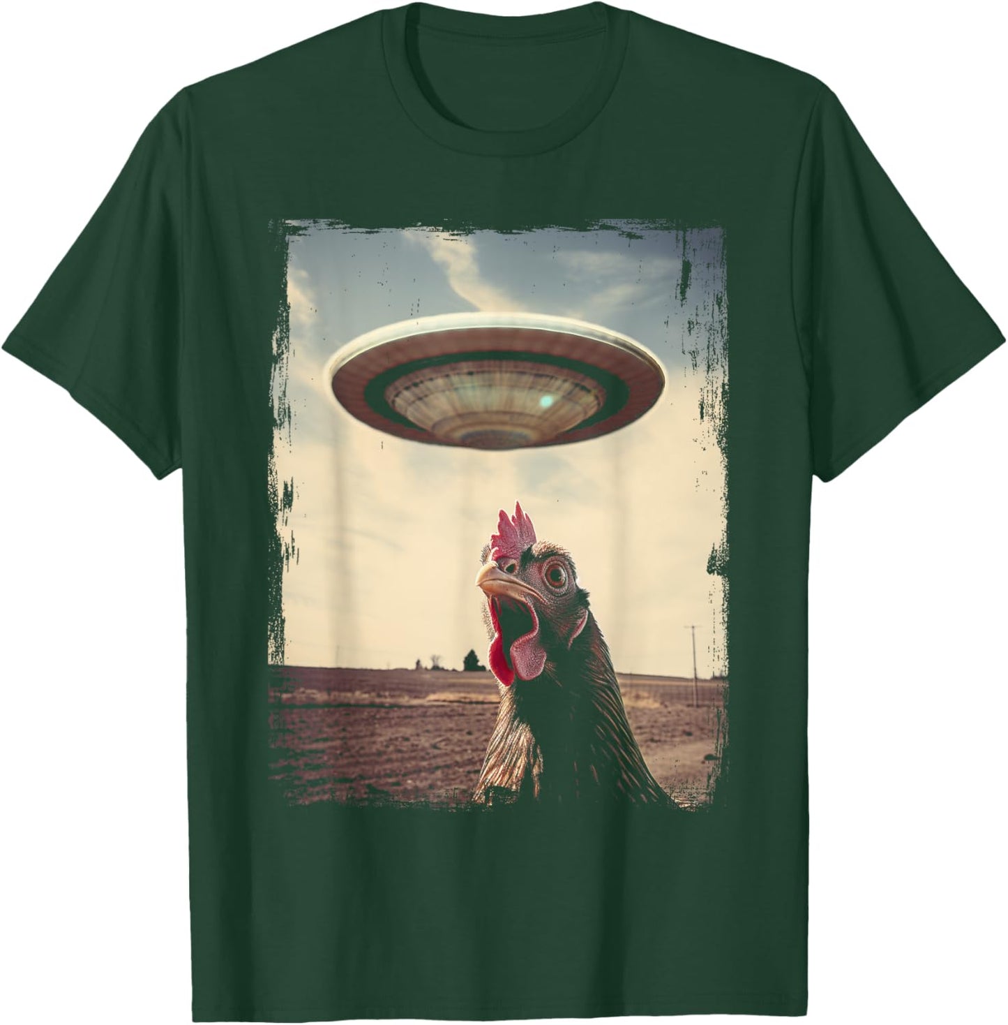 Funny Weird Chicken UFO Weirdcore Alien Believer Farmer T-Shirt - T-Shirt | Forest
