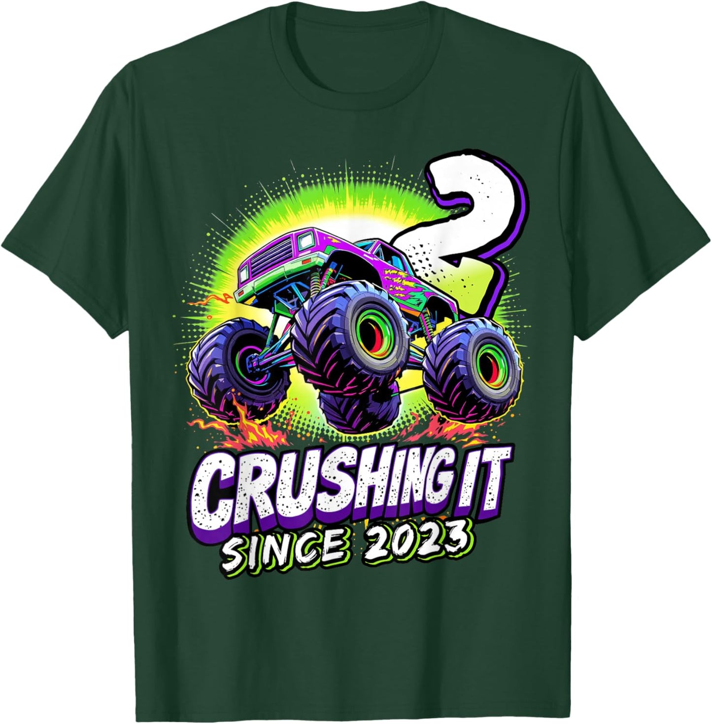 Birthday Monster Truck 2 Year Old Boys 2nd Party Born 2023 T-Shirt - T-Shirt | Forest