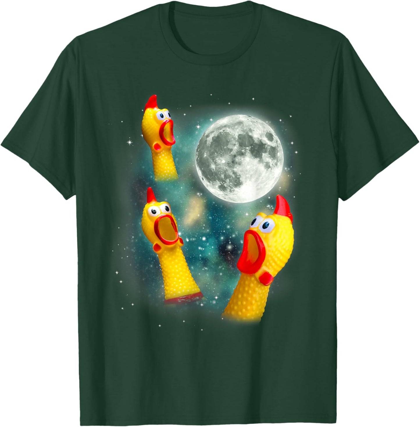 Three Rubber Chicken Moon Funny Screaming Fowl Cursed Joke T-Shirt - T-Shirt | Forest