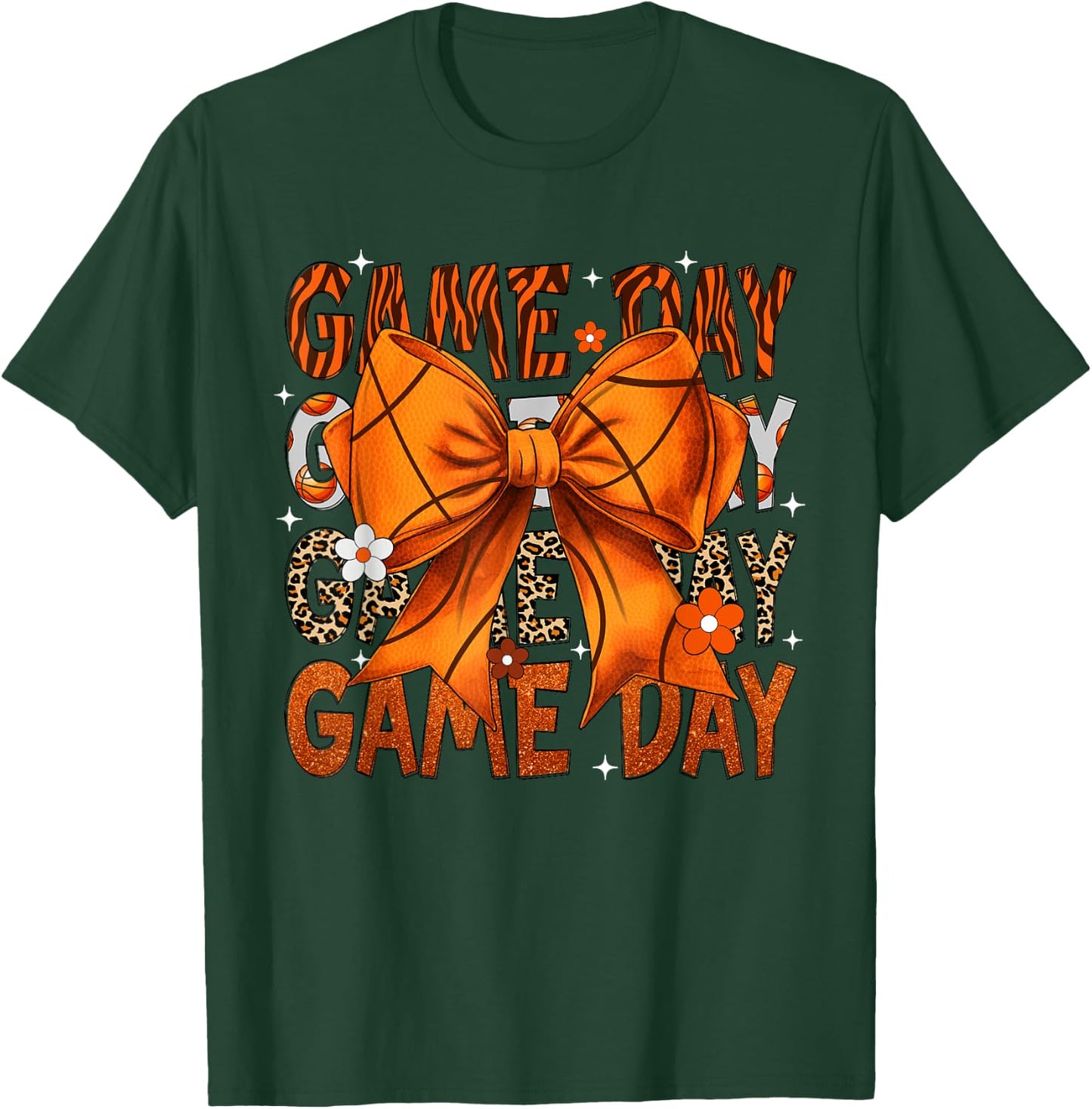 Game Day Basketball Bow Coquette Leopard Basketball T-Shirt - T-Shirt | Forest