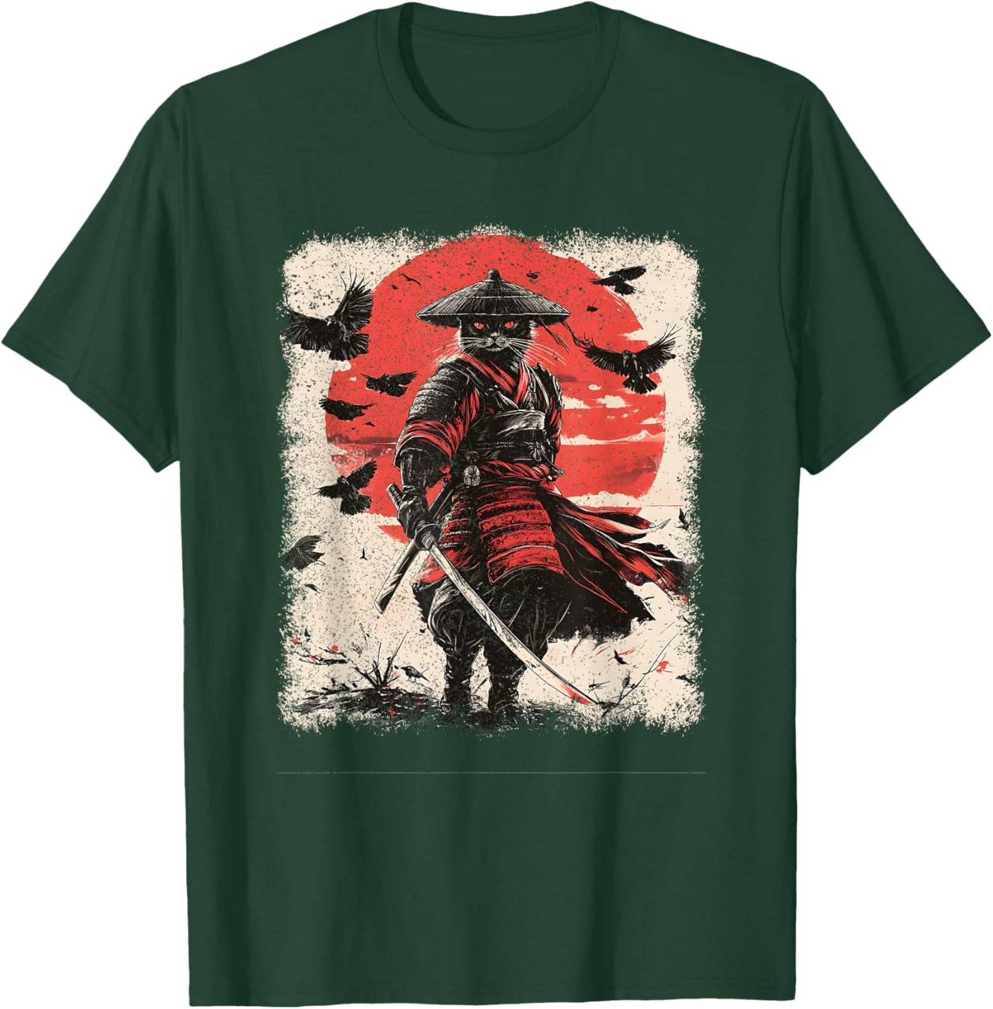 Samurai Cat, Vintage Japanese Warrior Art | Anime & Samurai T-Shirt - T-Shirt | Forest