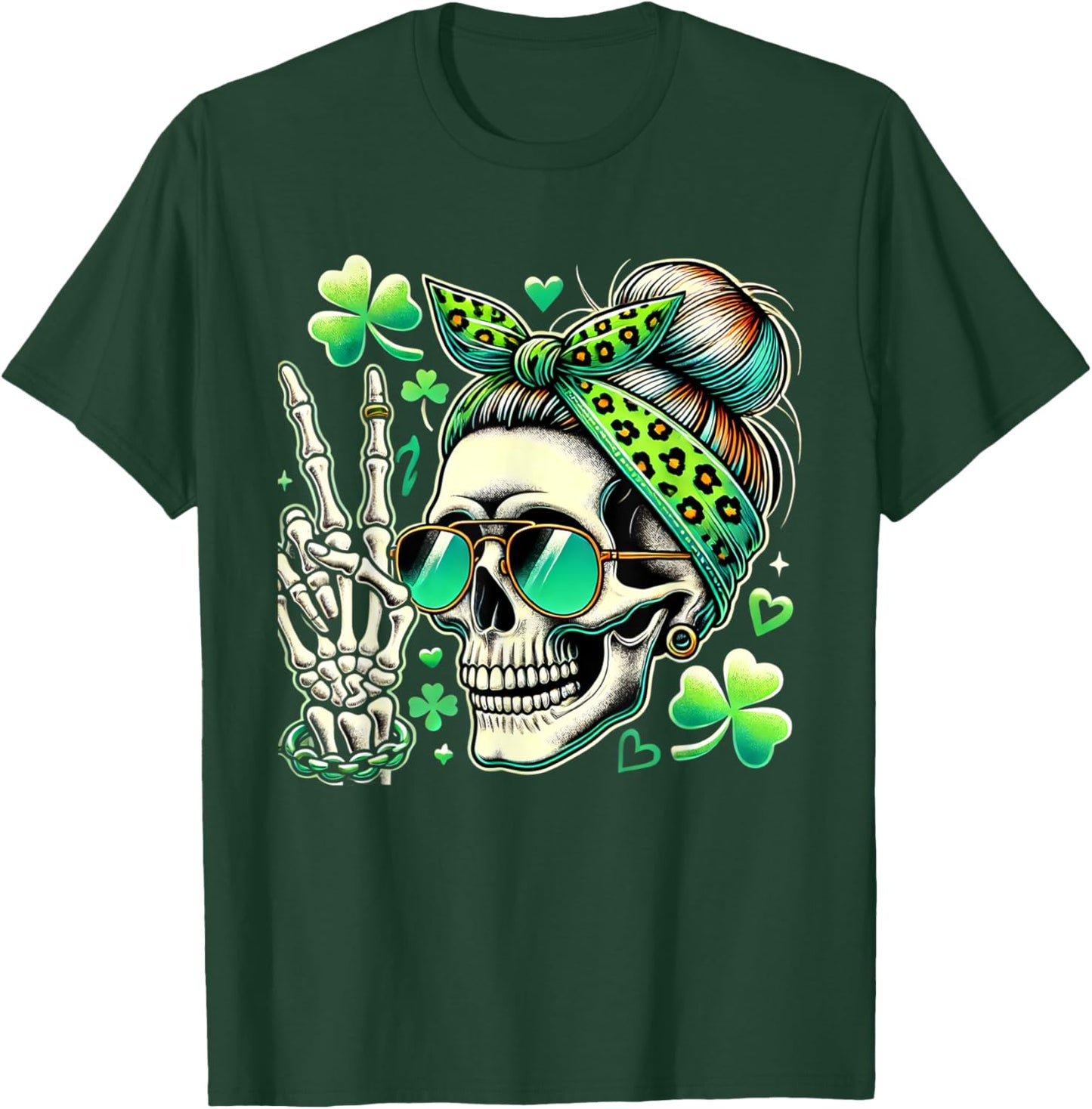 St Patricks Day Skull Messy Bun Saint Pattys Paddys Women T-Shirt - T-Shirt | Forest