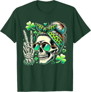St Patricks Day Skull Messy Bun Saint Pattys Paddys Women T-Shirt - T-Shirt | Forest