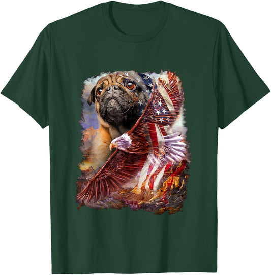 Pug with bald eagle american flag T-Shirt - T-Shirt | Forest