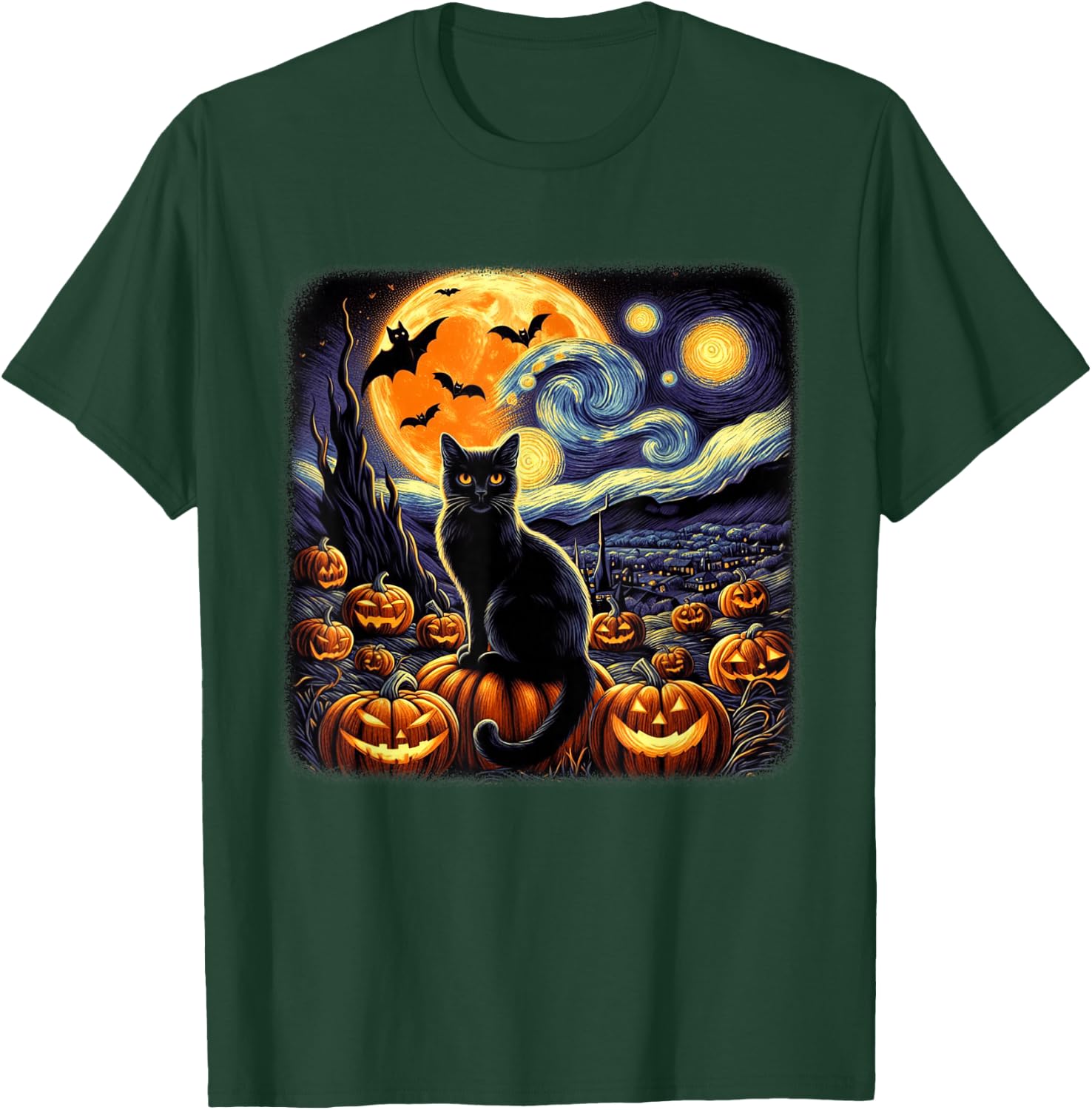 Van Gogh Cat Starry Night Cat Halloween Pumpkin Cat Lovers T-Shirt - T-Shirt | Forest
