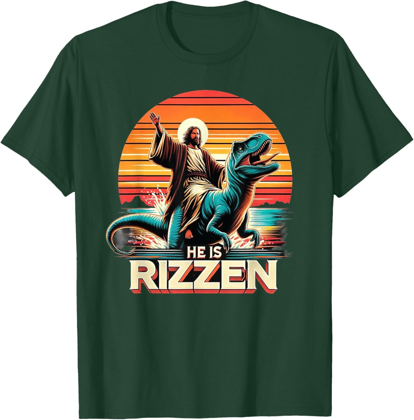 He Is Rizzen Jesus Retro Christian Dinosaur T-Shirt - T-Shirt | Forest