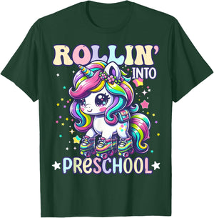 Preschool Back To School First Day Girls PreK Rollin Unicorn T-Shirt - T-Shirt | Forest