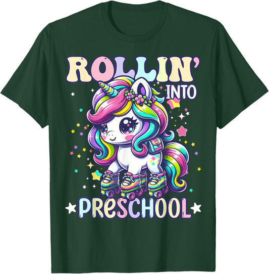 Preschool Back To School First Day Girls PreK Rollin Unicorn T-Shirt - T-Shirt | Forest