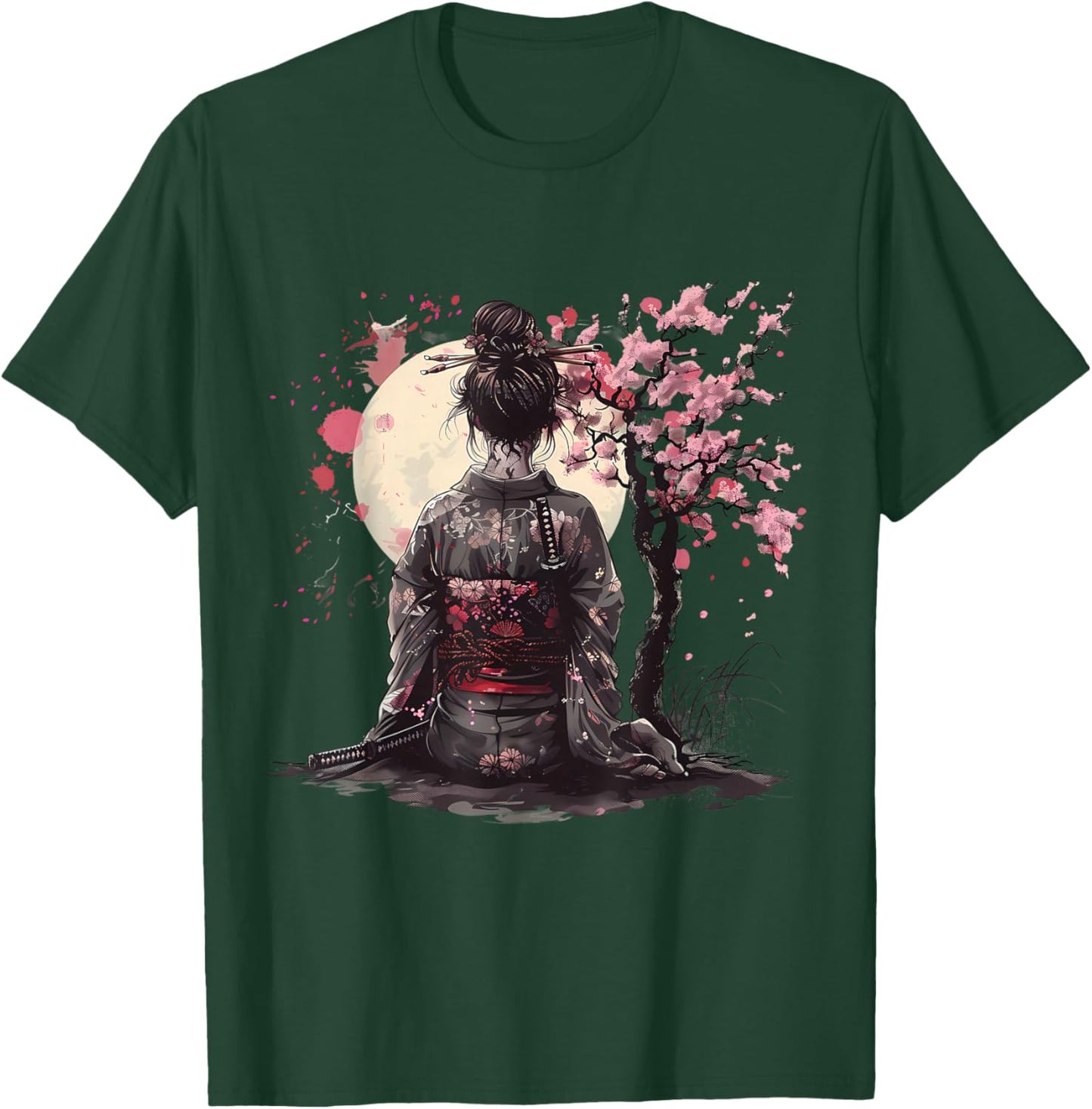 Japanese Samurai Girl Sakura Cherry Blossom Japanese Geisha T-Shirt - T-Shirt | Forest