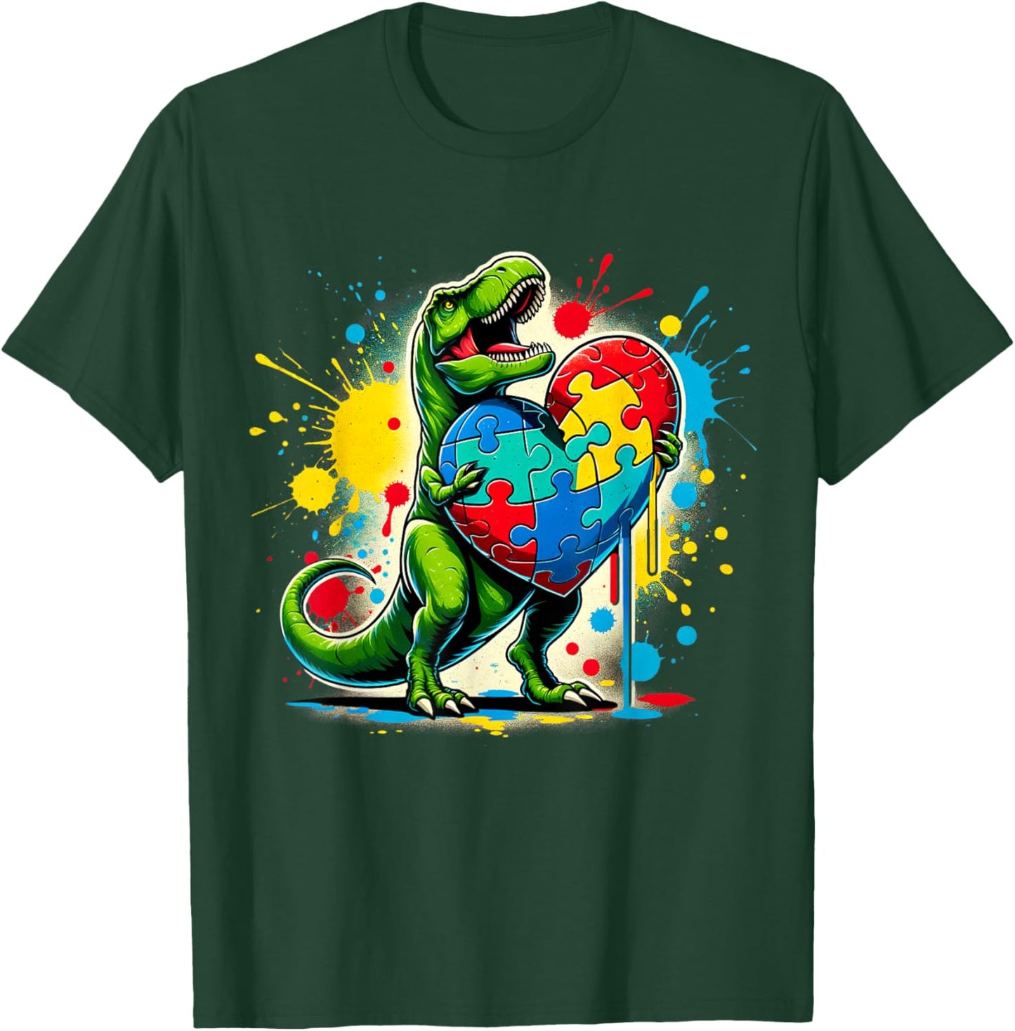 Boys Kids Autism Awareness Funny T Rex Dinosaur Puzzle Piece T-Shirt - T-Shirt | Forest