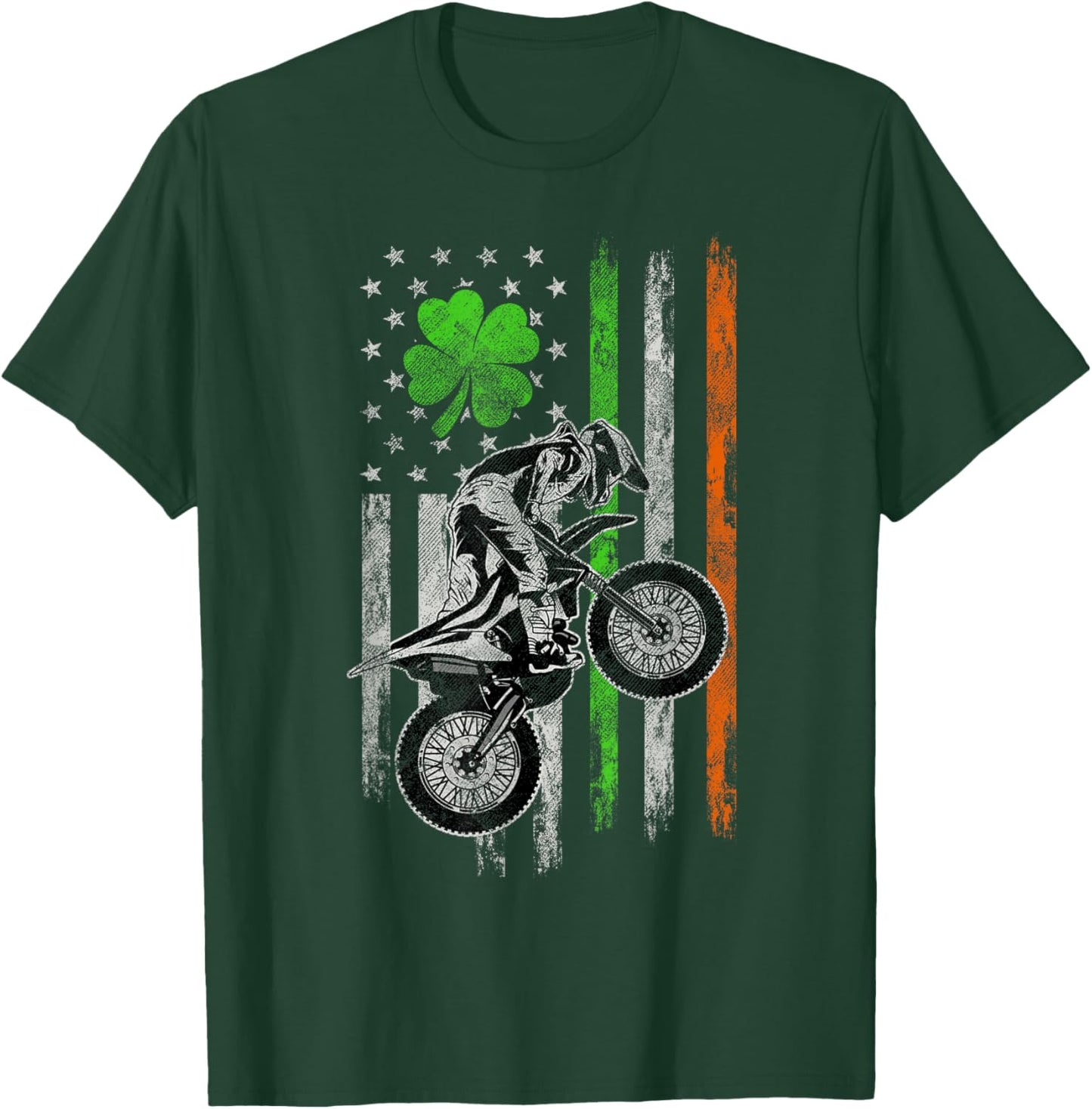Motocross American Irish Flag St Patricks Day Dirt Bike T-Shirt - T-Shirt | Forest