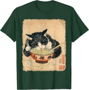 Vintage Cat Eating Ramen Noodles Gothic Otaku Japanese Food T-Shirt - T-Shirt | Forest