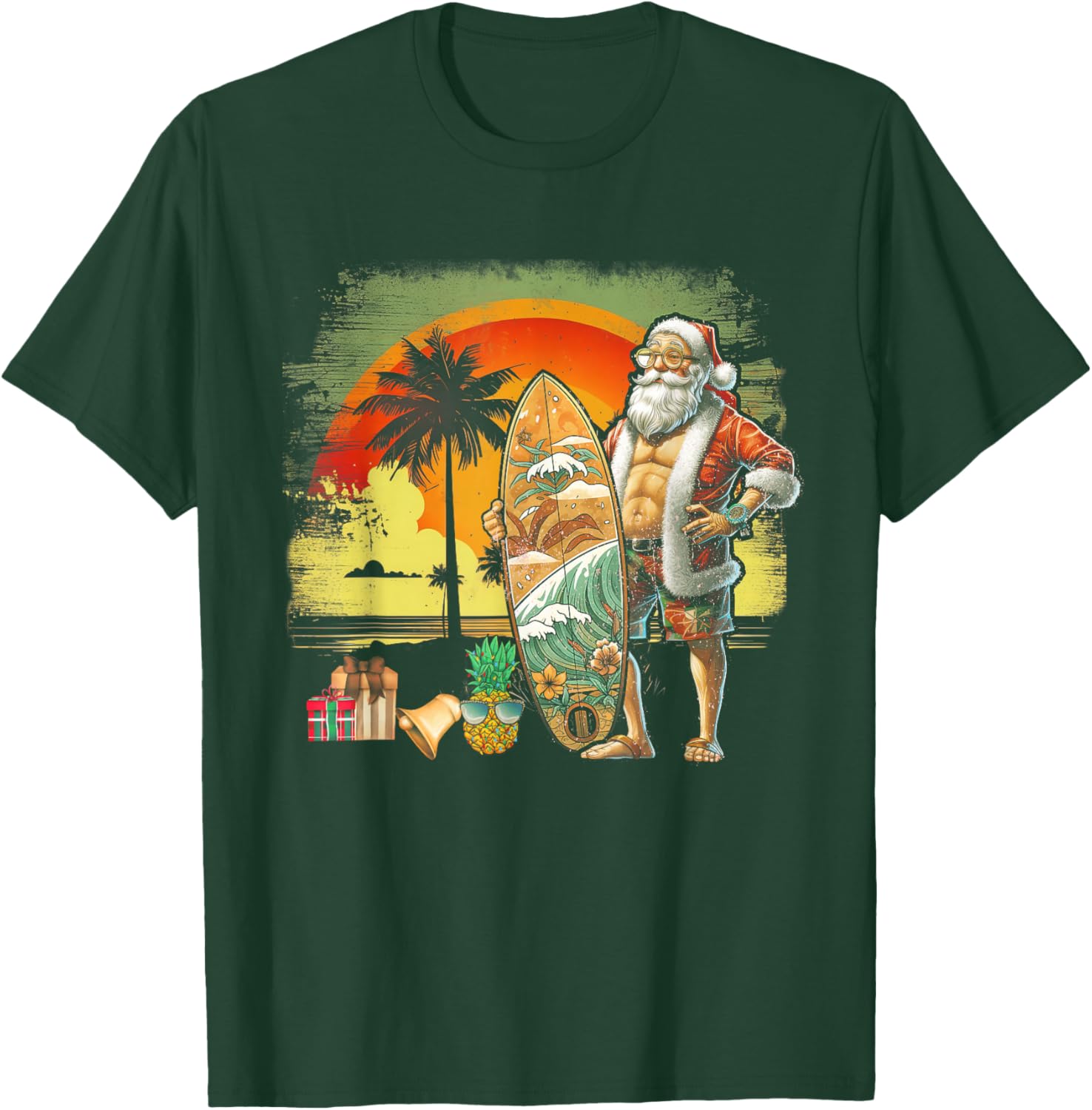 Tropical Summer Surfing Santa Claus 6 Pack Christmas In July Men Women T-Shirt - T-Shirt | Forest