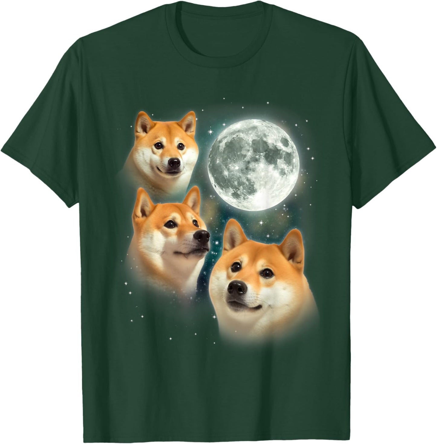 Three Shiba Inu Moon | 3 Doge Funny Cute Dog Meme Parody T-Shirt - T-Shirt | Forest