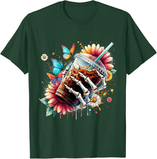 Whimsical Iced Coffee Floral Skeleton Fantasy Flower T-Shirt - T-Shirt | Forest