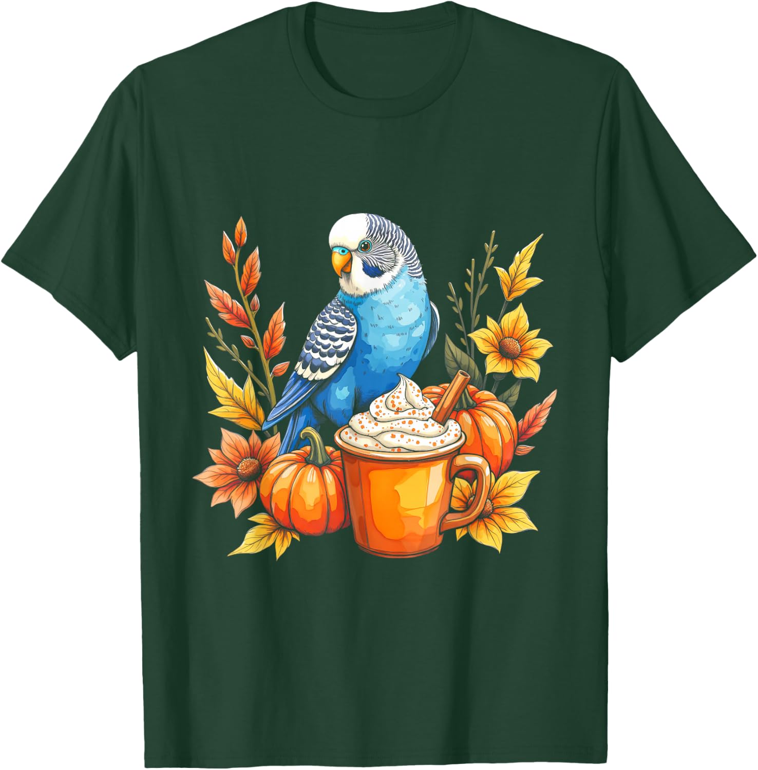 Budgie Parakeet Pumpkin Spice Latte and Fall Vibes Autumn T-Shirt - T-Shirt | Forest