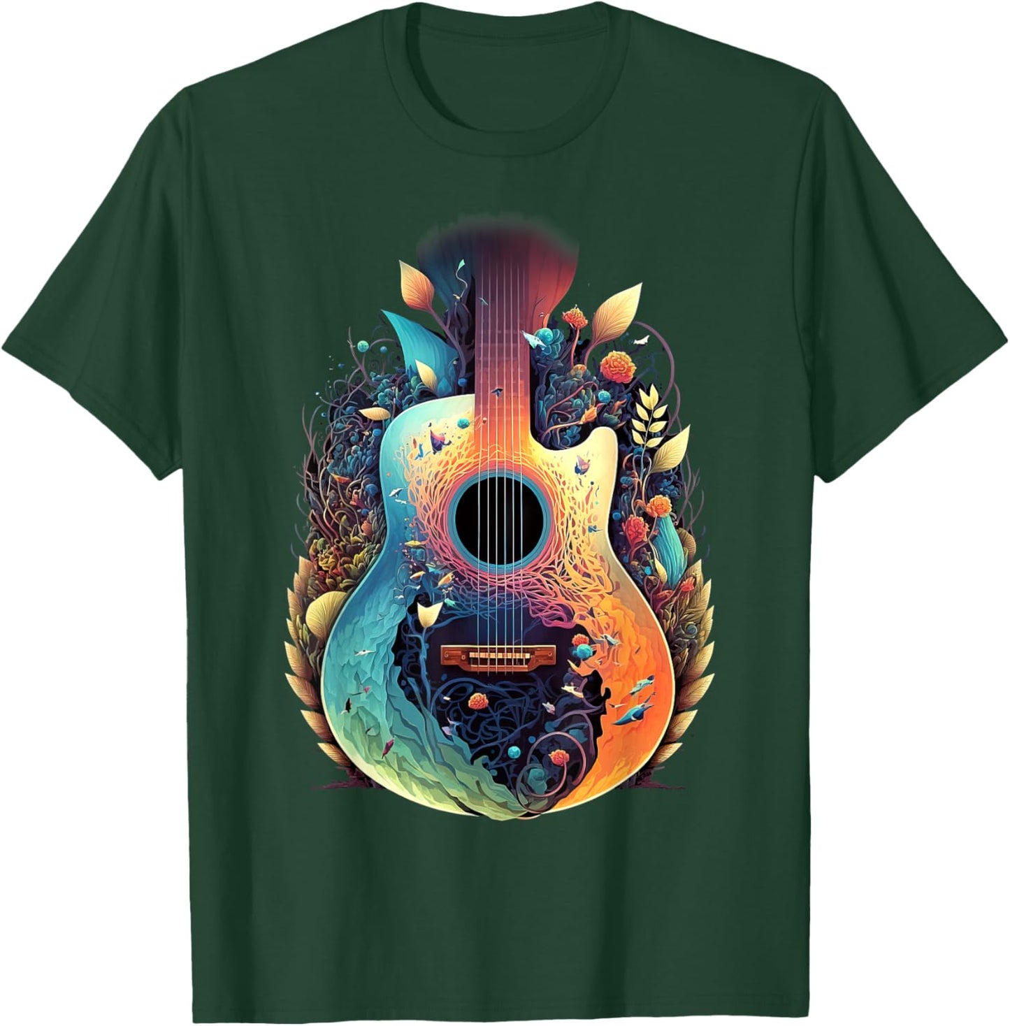 Guitar Graphic Music Lover - Acoustic Guitar Musician Floral T-Shirt - T-Shirt | Forest