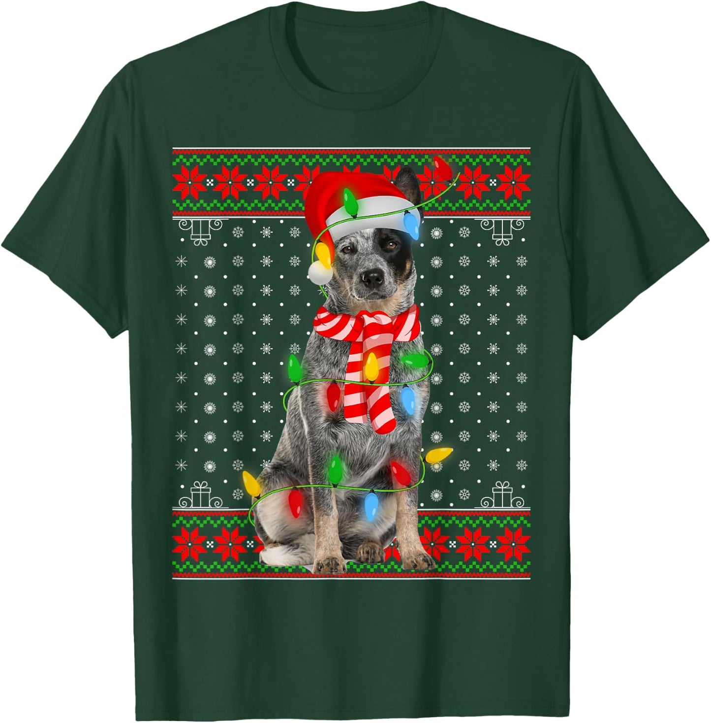 Ugly Xmas Dog Lights Santa Hat Blue Heeler Dog Christmas Men Women Girls Kids T-Shirt - T-Shirt | Forest