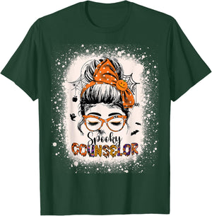School Counselor Adviser Spooky Messy Bun Women Halloween T-Shirt - T-Shirt | Forest