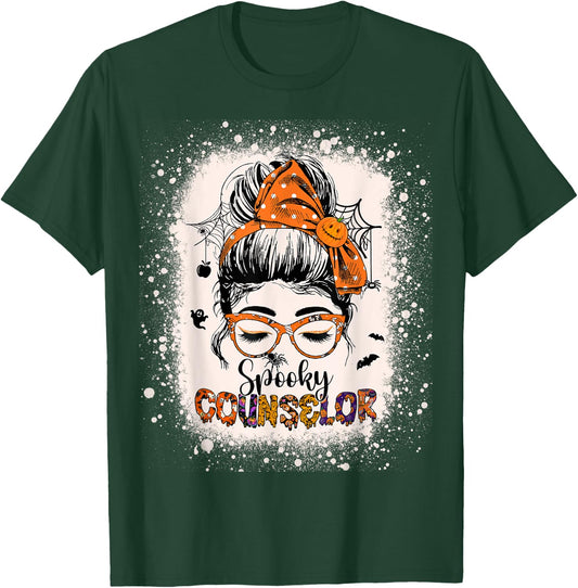 School Counselor Adviser Spooky Messy Bun Women Halloween T-Shirt - T-Shirt | Forest