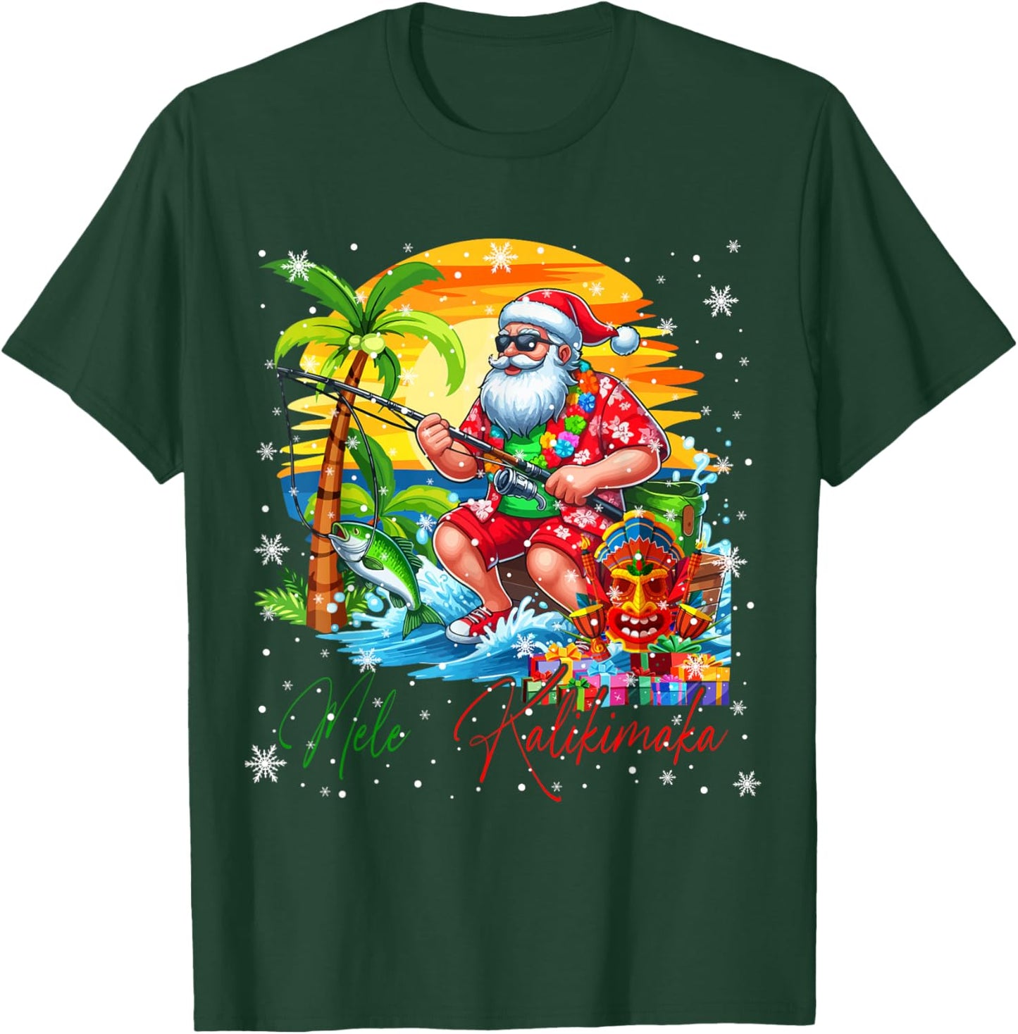 Mele Kalikimaka Hawaiian Santa Sunglasses Fishing Christmas T-Shirt - T-Shirt | Forest