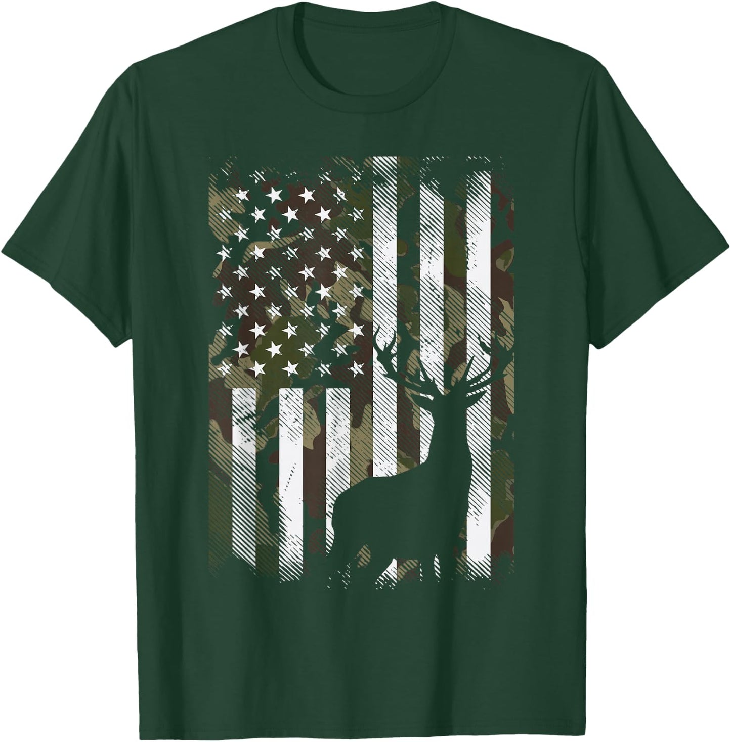 Camo US Flag Deer Elk Buck Camoflage Hunting Hunter Dad Gift Short Sleeve T-Shirt - T-Shirt | Forest