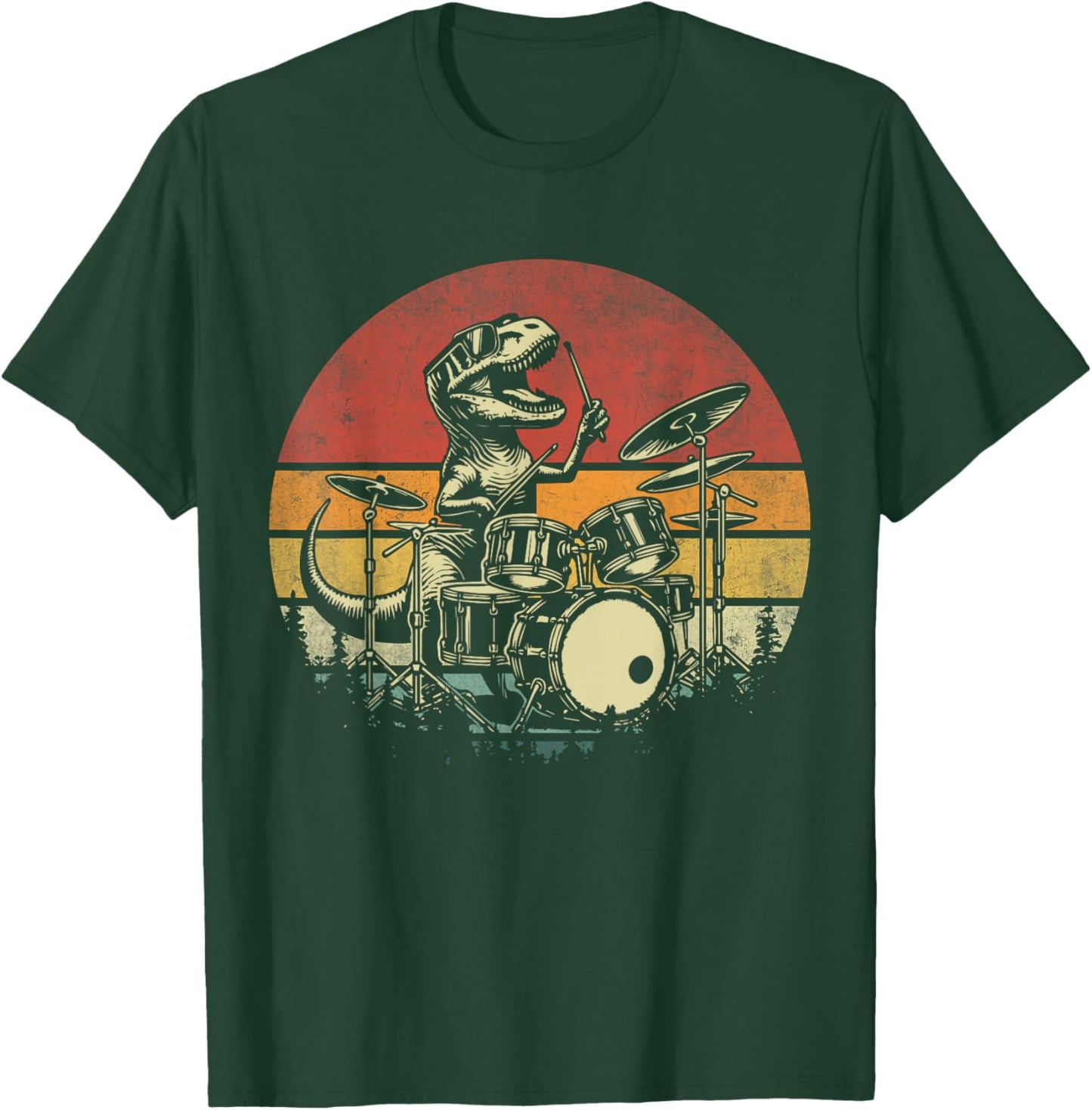 Funny Retro Trex Drummer Rock Drummer T-rex Playing Drums T-Shirt - T-Shirt | Forest