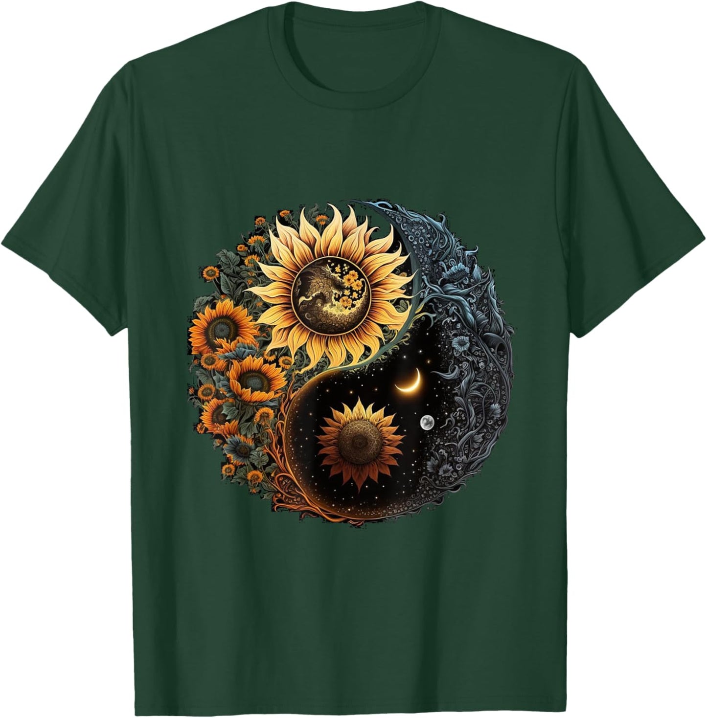 Yin And Yang Aesthetic Sunflower And Crescent Moon Art T-Shirt - T-Shirt | Forest
