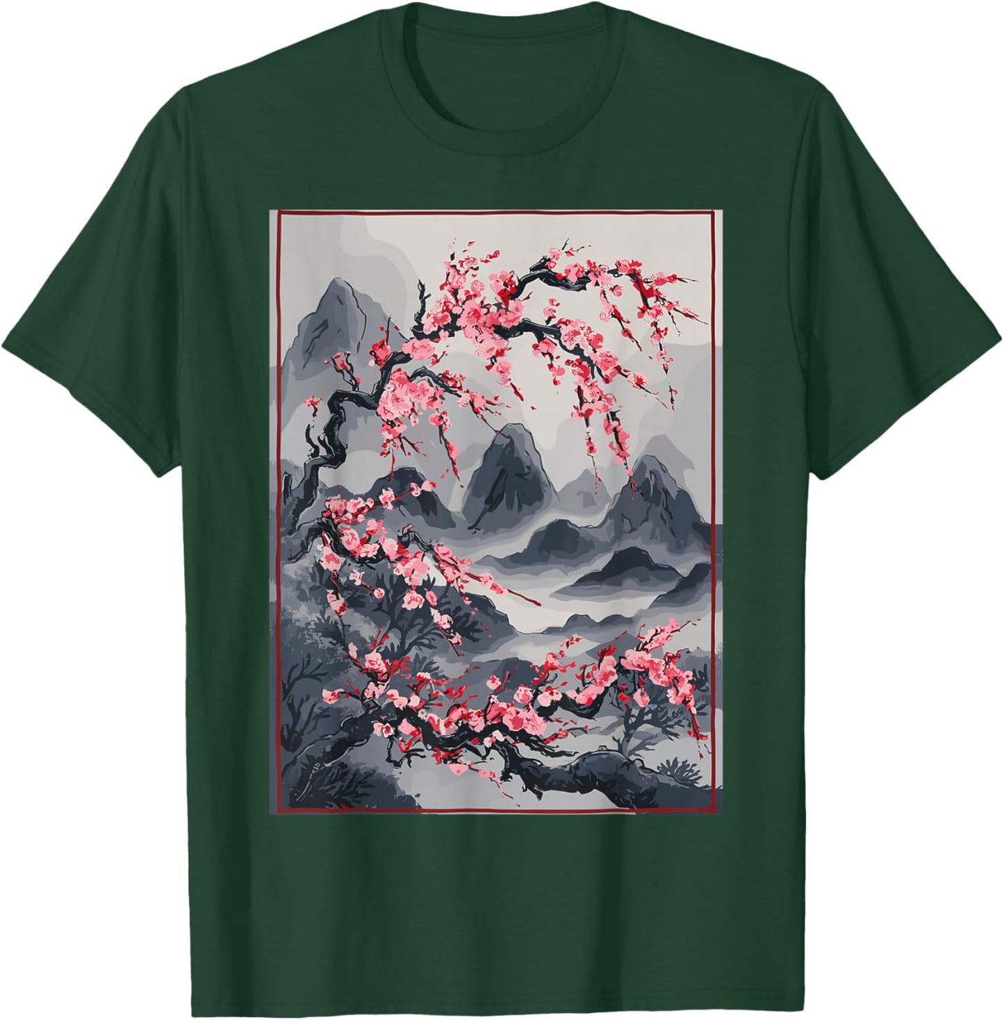 Vintage Cherry Blossom Landscape - Japanese Graphical Art T-Shirt - T-Shirt | Forest