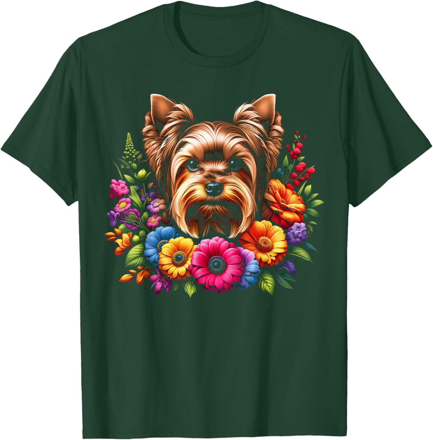 MyAnimal - Your Favourite Animal Wear Cute Yorkshire Terrier Portrait in Colourful Flowers , Small, Black T-Shirt - T-Shirt | Forest