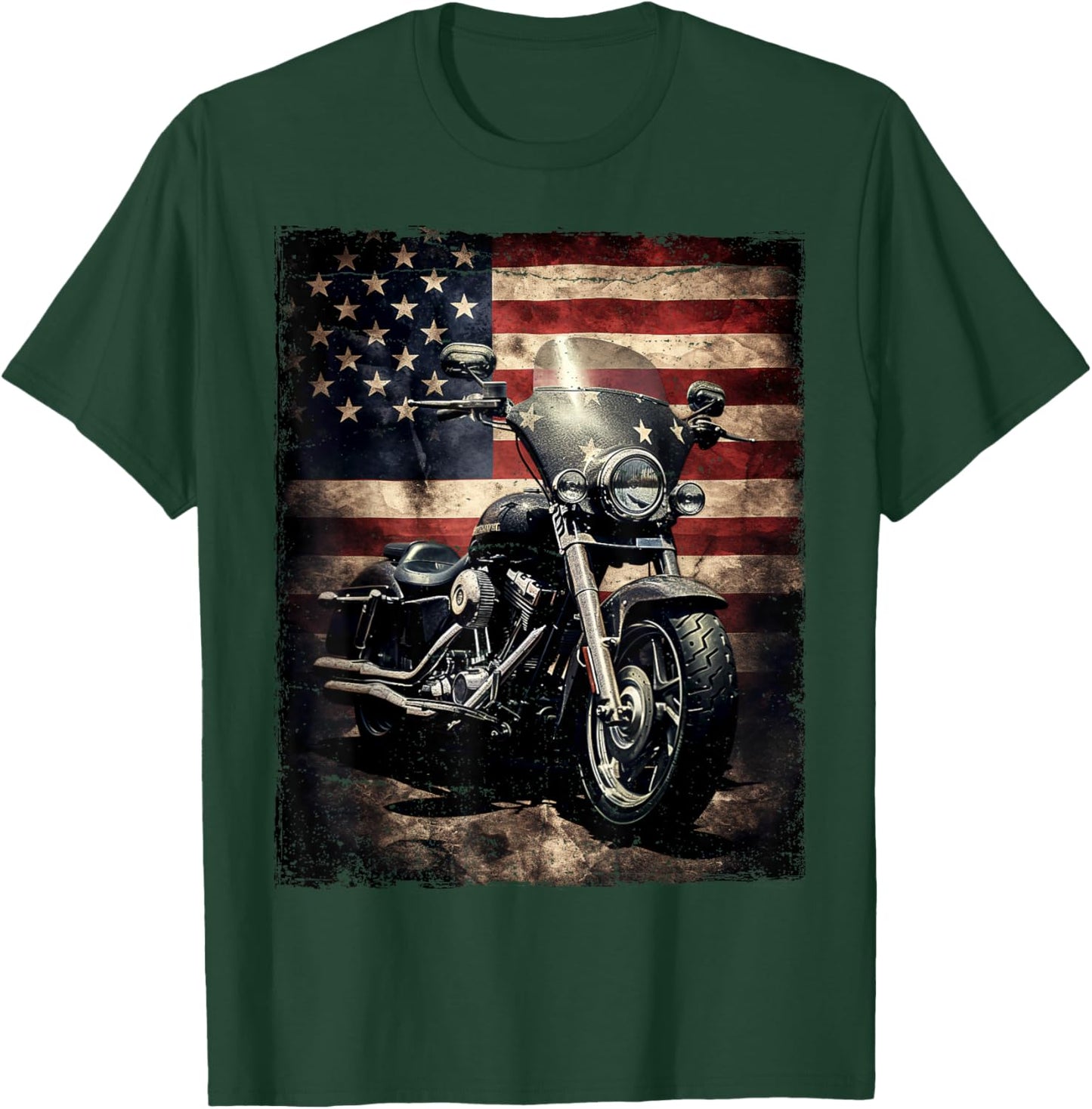 Vintage Motorcycle USA Flag Retro Biker American T-Shirt - T-Shirt | Forest