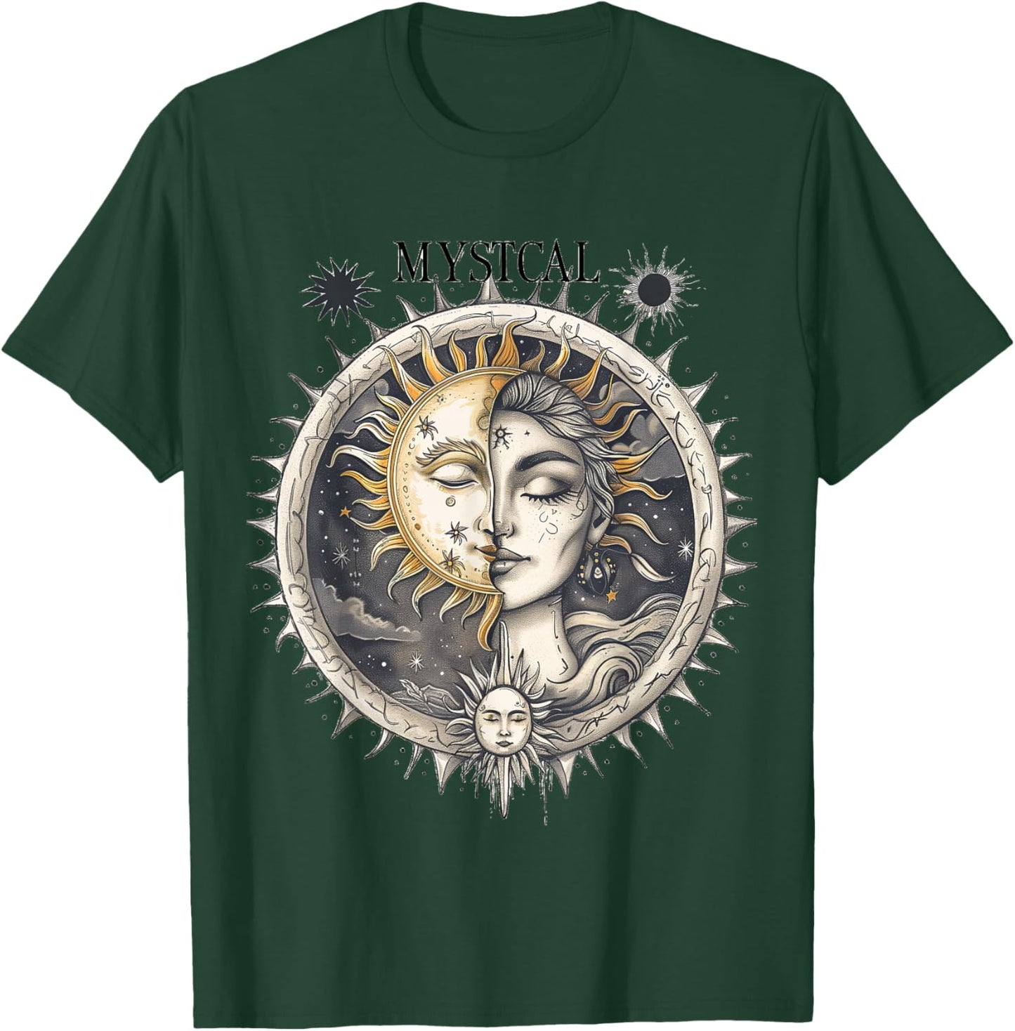 Mystical Sun and Moon with Woman Mystical Flowers Aesthetic T-Shirt - T-Shirt | Forest