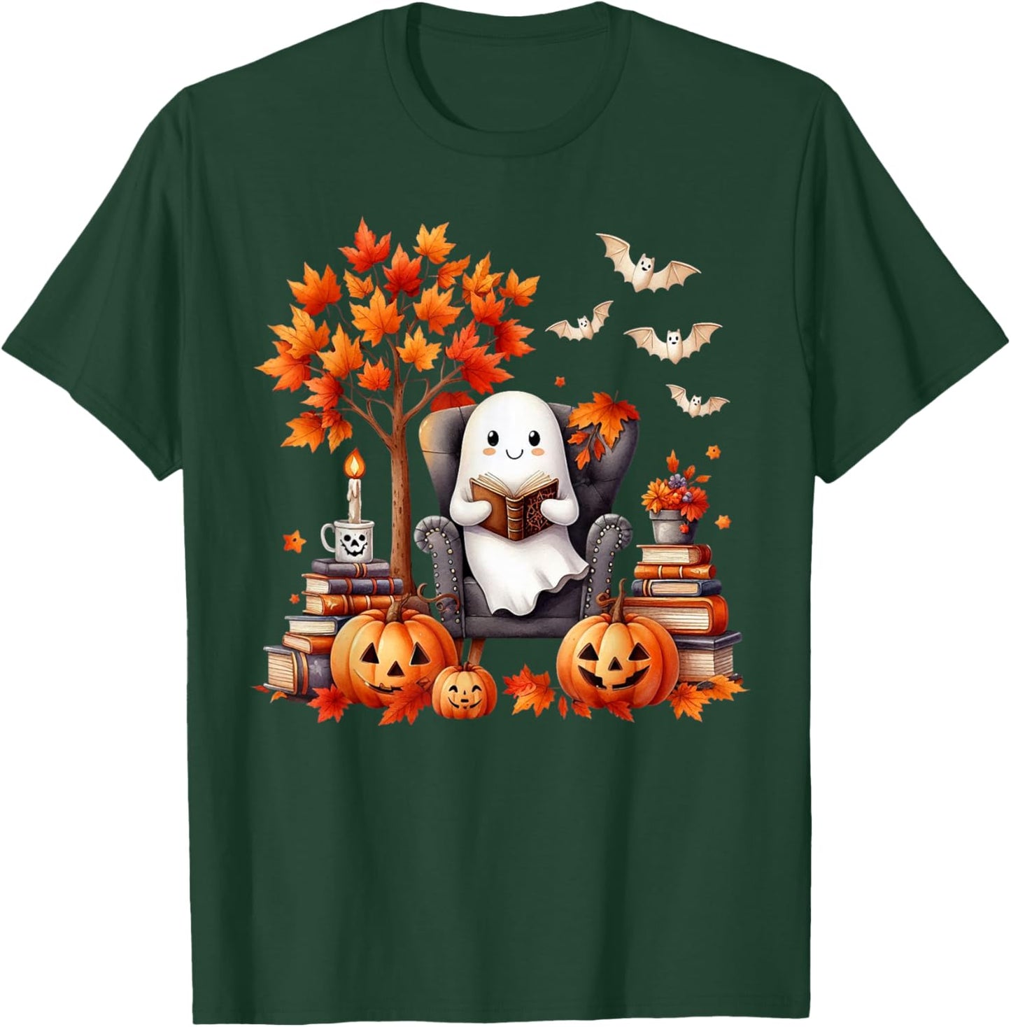 Vintage Ghost Book Reading Pumpkin Gothic Halloween Teachers T-Shirt - T-Shirt | Forest